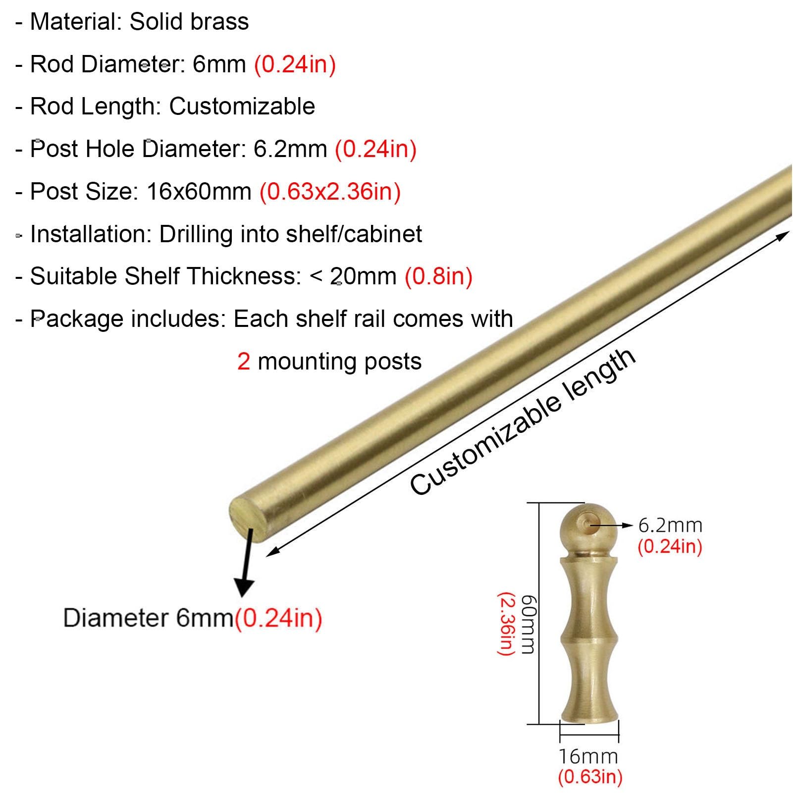 Verstellbares Messing-Küchenregalgeländer, 3,6 cm, Antifall-Metall-Leitplanke für Schränke, abnehmbare Zaunstangen-Set mit 2 Spindeln (66 cm)