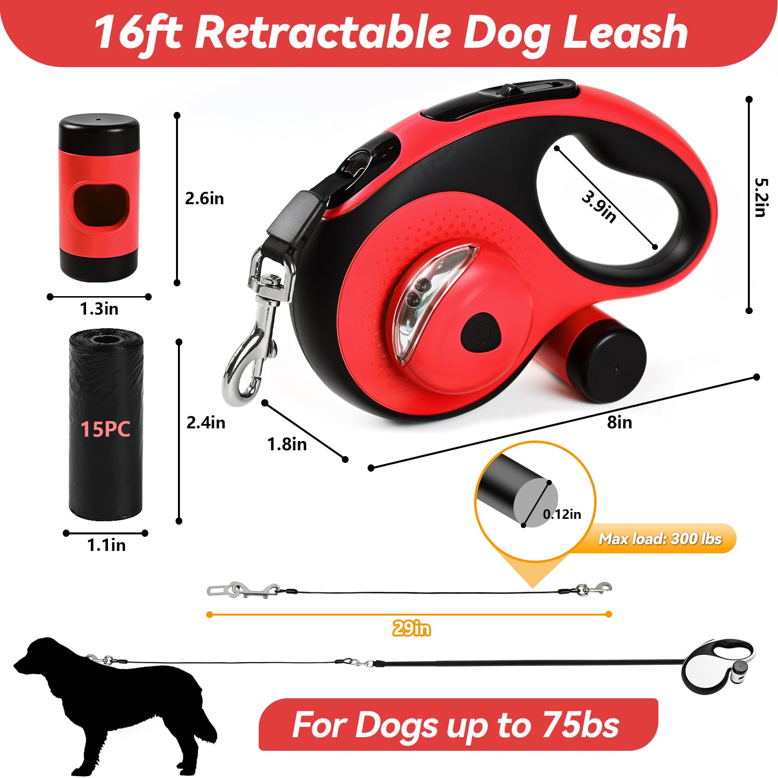 Laisse rétractable 6 en 1 pour chien avec câble anti-mastication, lumière LED, distributeur, 2 sacs à déjections canines, frein et verrouillage à un bouton, poignée antidérapante, pour petit et