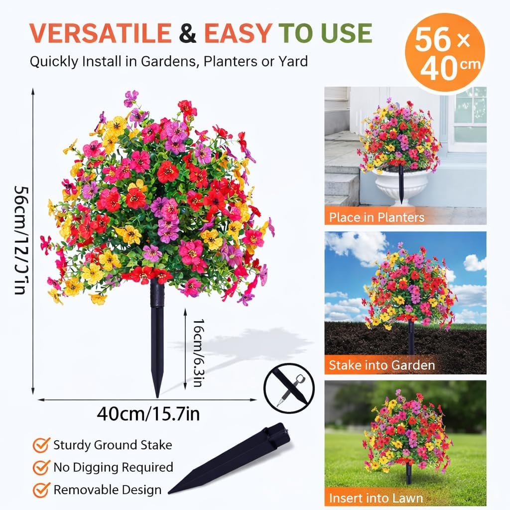 Artificial Topiary Balls Outdoor, UV Resistant Fake Outdoor Plants with Stake, Faux Flowers for Outdoors Planters Porch Garden Decor, All Weather Artificial Outdoor Plants,2pcs