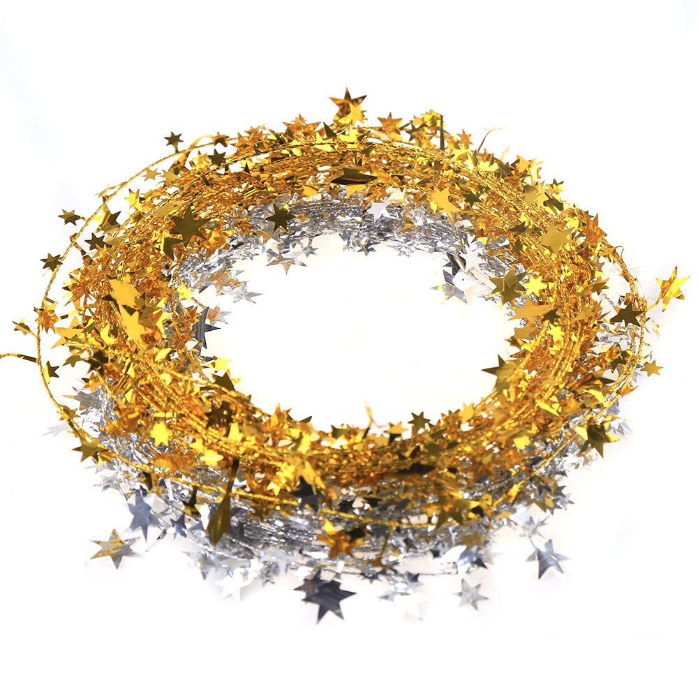 VEYLIN 50ft Star Shaped Tinsel Wire Garland for Christmas Trees Decoration (Gold and Silver)