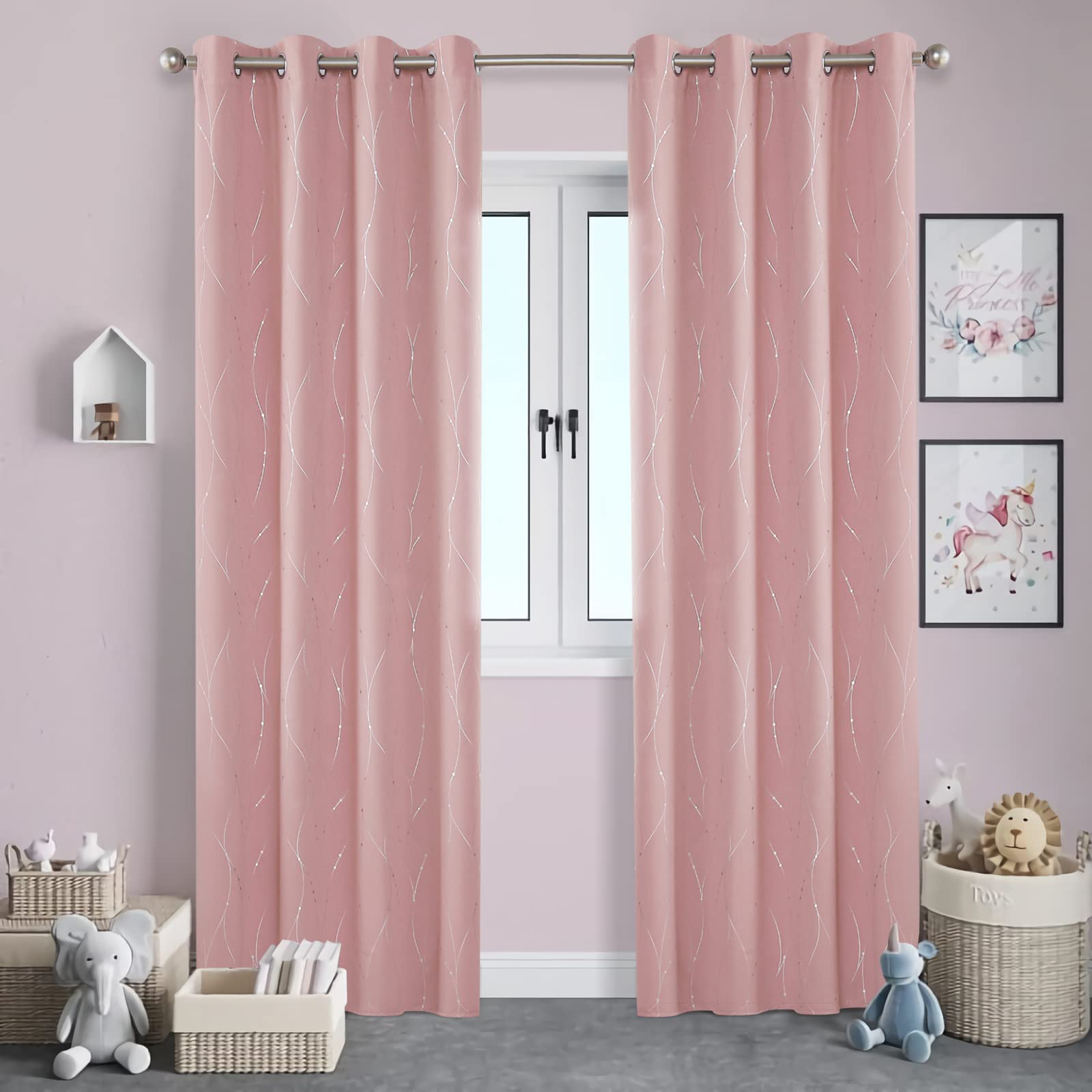 Amazon｜BUHUA ピンク遮光カーテン、波線ドットパターンの熱遮断
