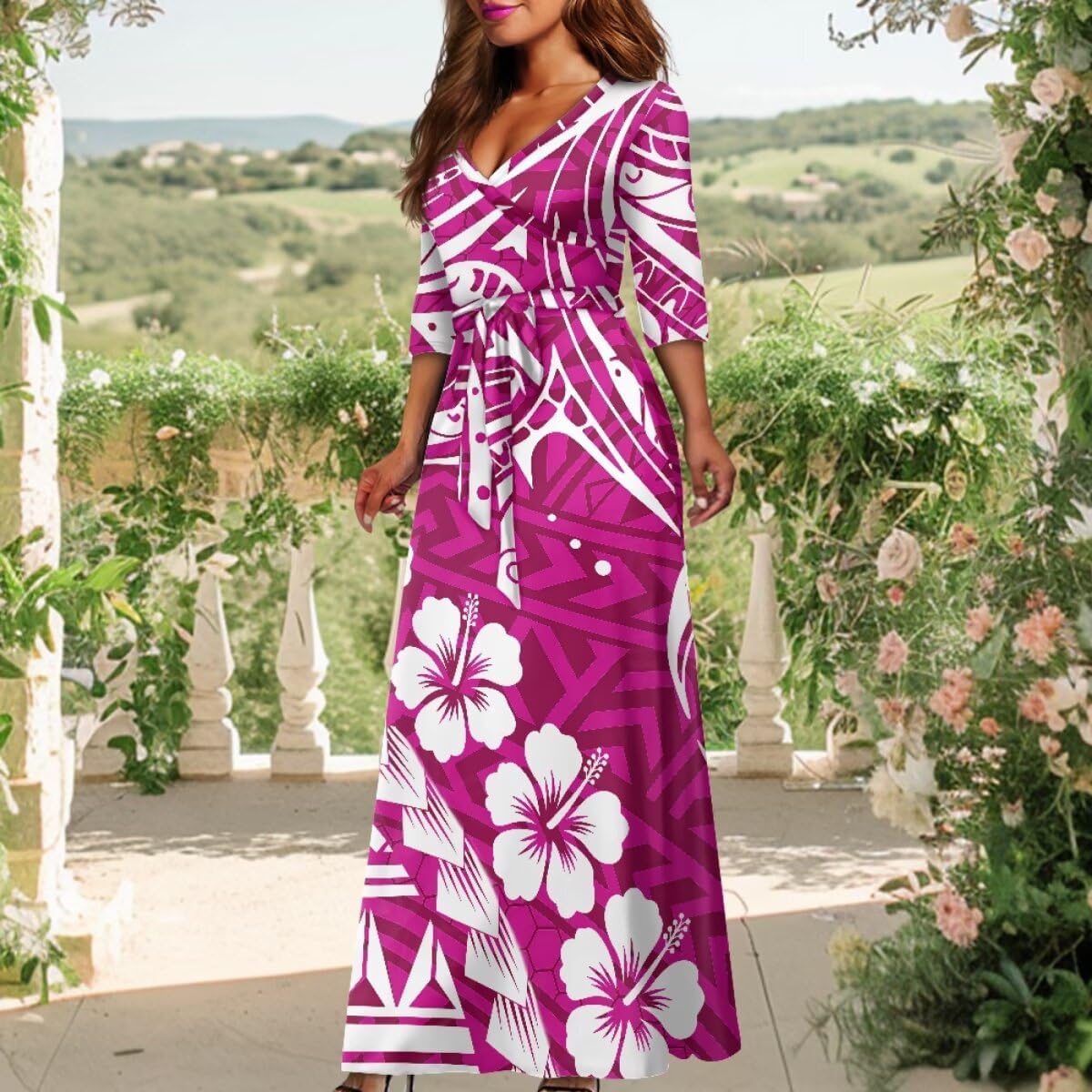 V-Neck Hawaii Dresses for Women Tie Front 3/4 Sleeve Maxi Dresses Plus Size S - 5XL