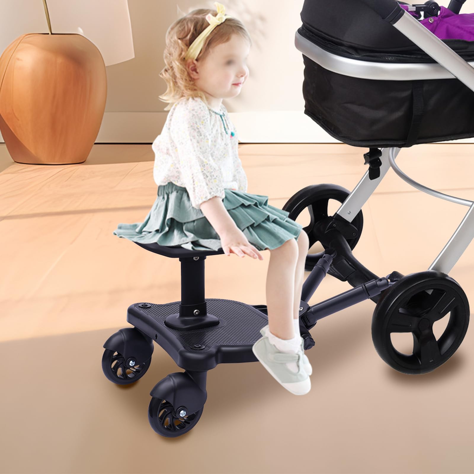 Pedana universale per passeggino, in PP con sedile, per passeggino, design a due ruote a 360°, 3 – 7 anni, 55 lbs