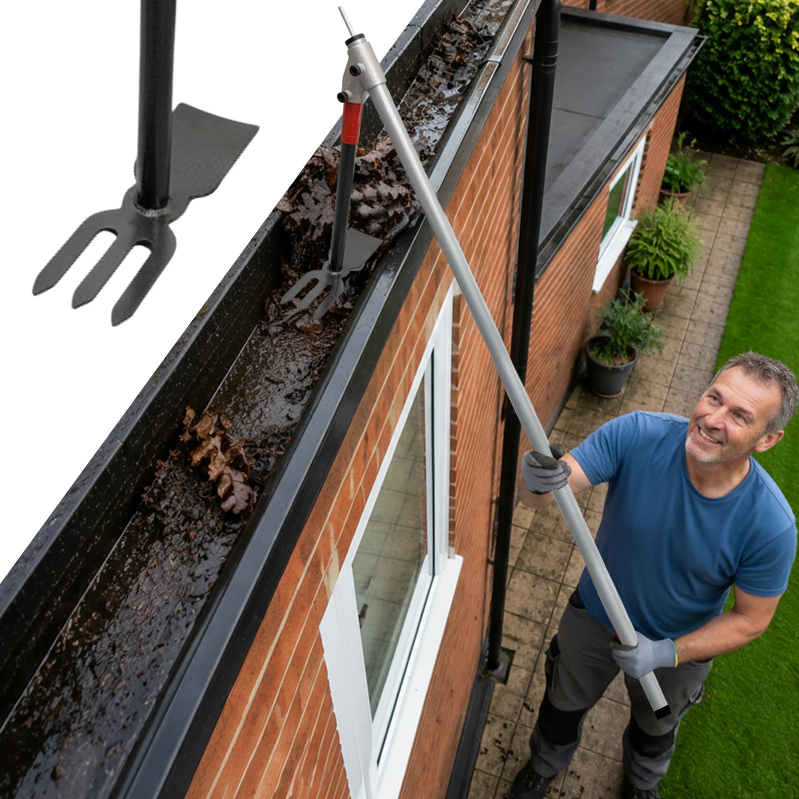 BeGrit 3M Gutter Cleaning Tools Extendable Gutter Cleaner with 2 in 1 Head 6 Telescopic Poles Roof Cleaning Equipment for Clearing Leaves Twigs Dirt and Built-up Debris