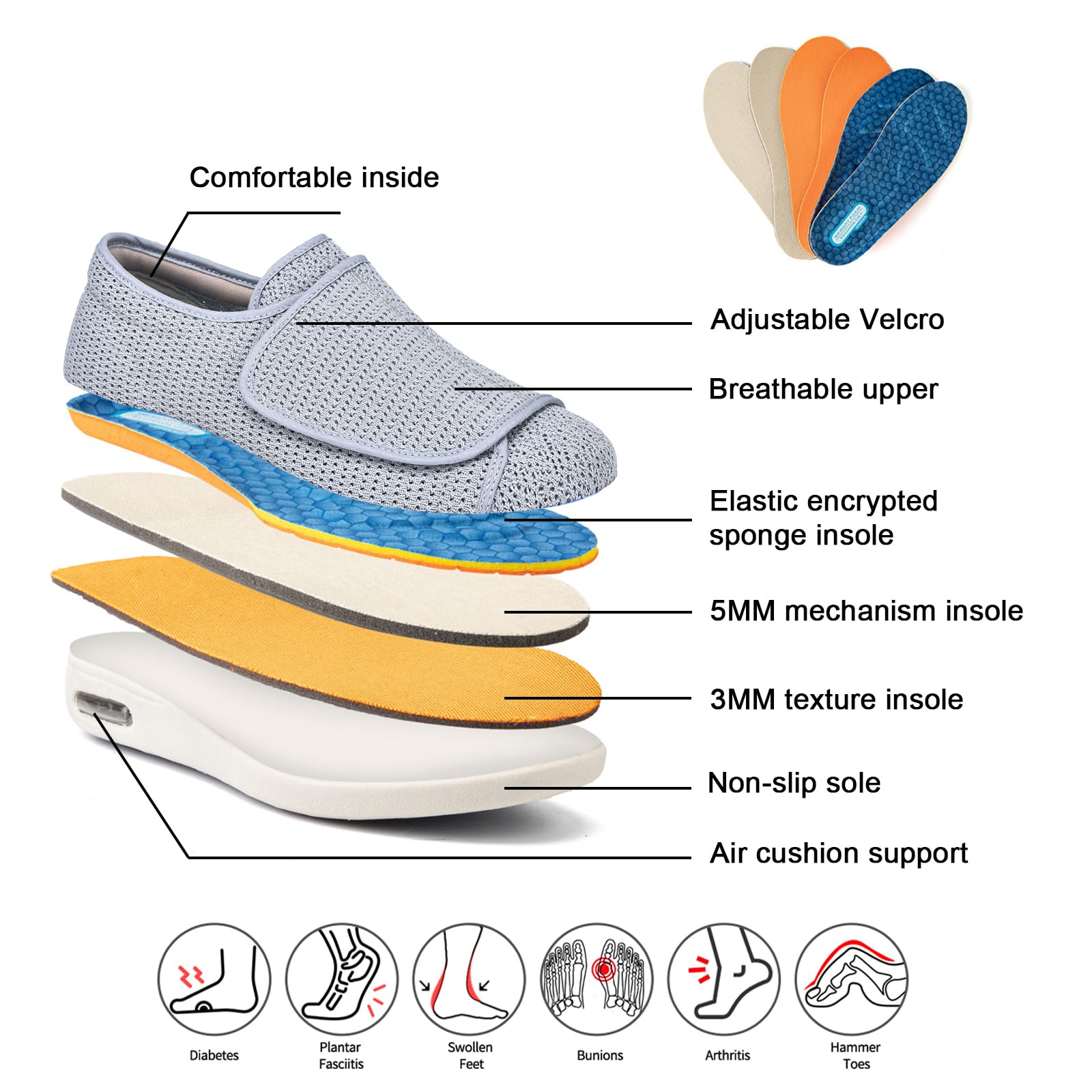 Scarpe da Uomo E da Donna con Suola Extra Larga Ortopediche per Anziani con Fascite Plantare per Alleviare Il Gonfiore dei Piedi Scarpe da Passeggio per Pollice Valgo E Edema in Memory Foam (