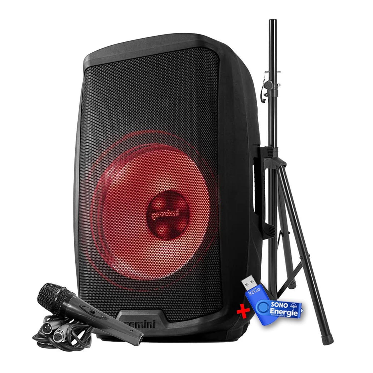 Gemini AS-2115BT-LT-PK, Enceinte Sono Boomer 15", à LED - 2000W, USB SD Bluetooth TWS FM, Pied, + Clé USB 32G