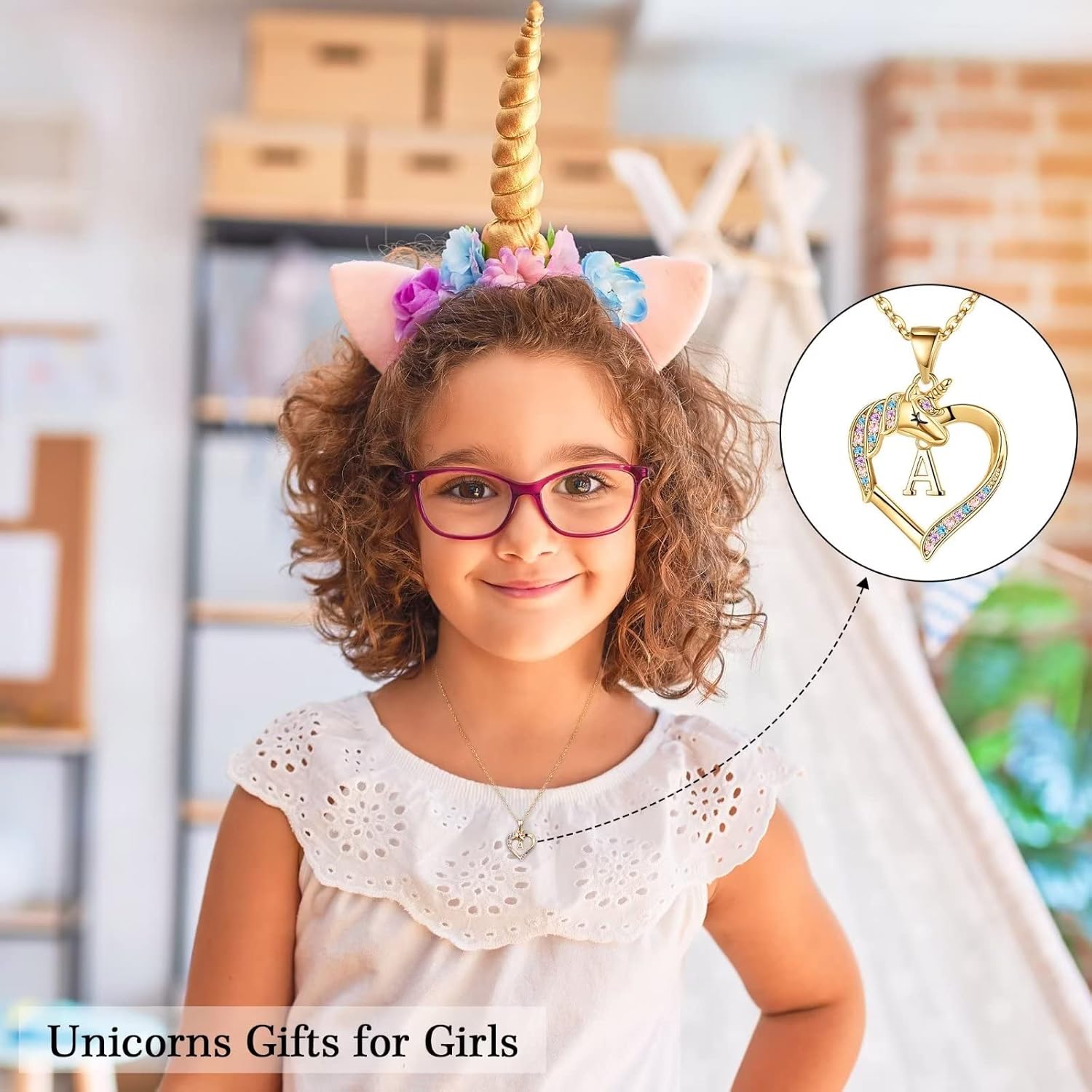Hidepoo Valentines Gifts for Kids Girls - Unicorn Necklace Gifts for Girls 14K-Gold-Plated Colorful CZ Heart Necklace Girl Jewelry Initial Unicorn Necklaces for Girl Valentines Gift - Image 3