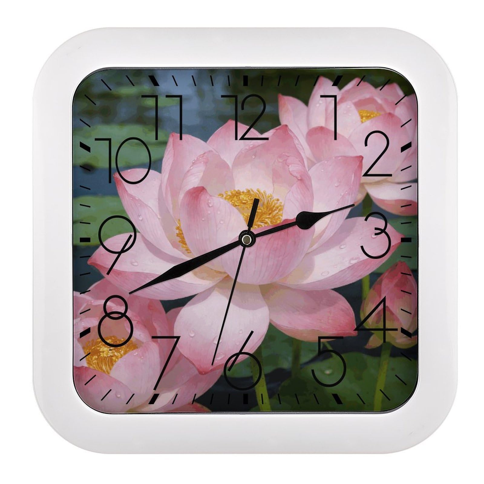 Fodpand Style Clear Lotus With Dew Wall Clock,Battery Operated Modern Retro Rounded Square Clock Clock For Bedroom Living Room Office Home Gym Porch Decor Indoor Outdoor 10.2 * 10.2In