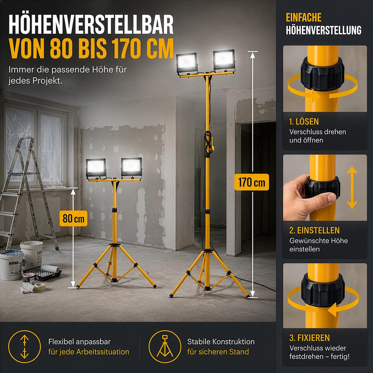 Lunartec faro da lavoro a LED: Proiettore telescopico., 2 proiettori impermeabili: IP65, 50 Watt ciascuno (proiettore doppio, lampada da cantiere)
