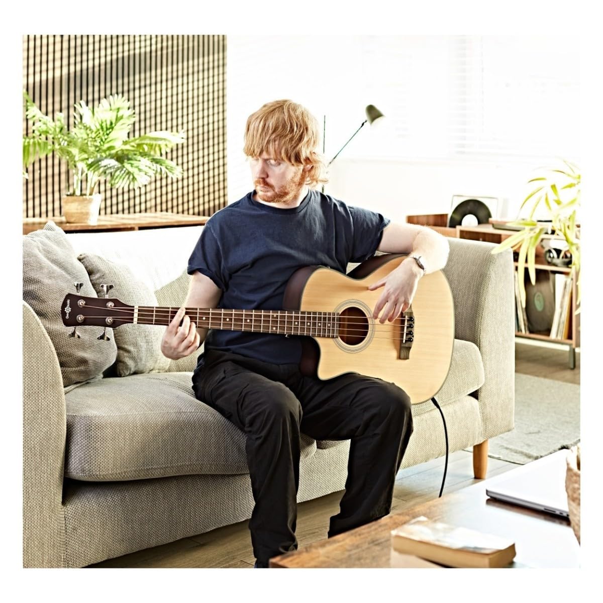 Gear4music AB100 Guitare basse acoustique pour gaucher Naturel