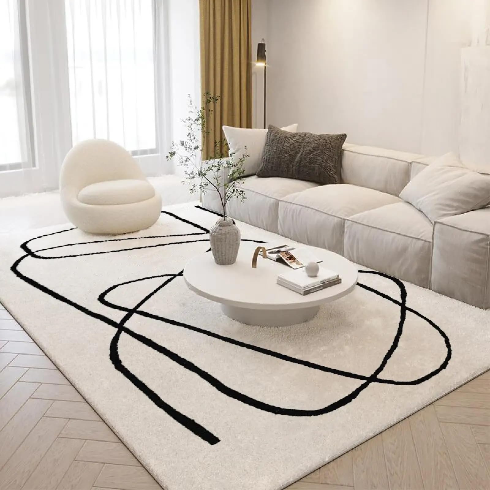 Tapis maximaliste moderne pour salon, lignes noires, tapis contemporain doux beige pour chambre à coucher, grand tapis pour bureau, salle à manger, décoration d'intérieur, 50 x 140 cm (20 x 55 in)