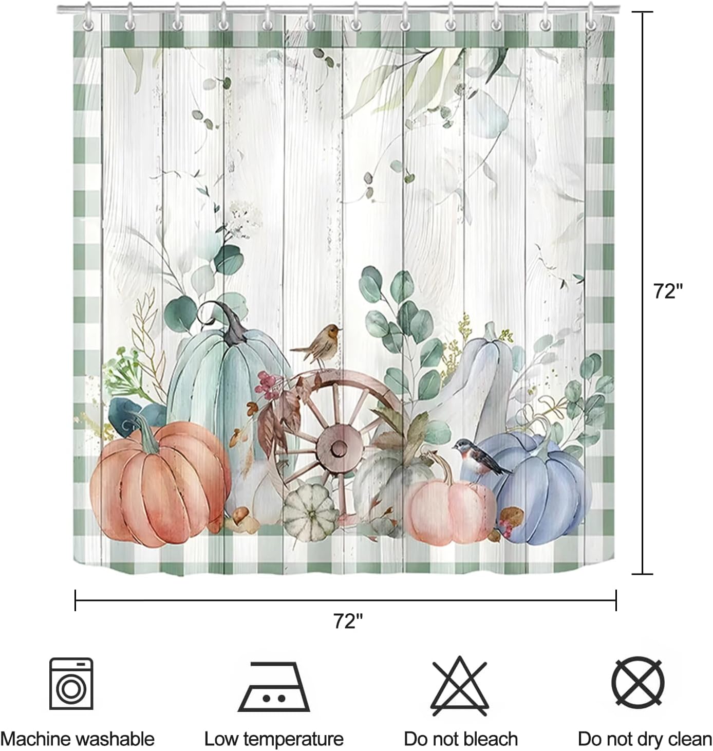 Fall Pumpkin Shower Curtain Eucalyptus Leaves Green Plaid Farmhouse Autumn Harvest Thanksgiving Bathroom Curtains Waterproof Polyester Fabric Bath Curtain 72 x 72 Inch with 12 Plastic Hooks