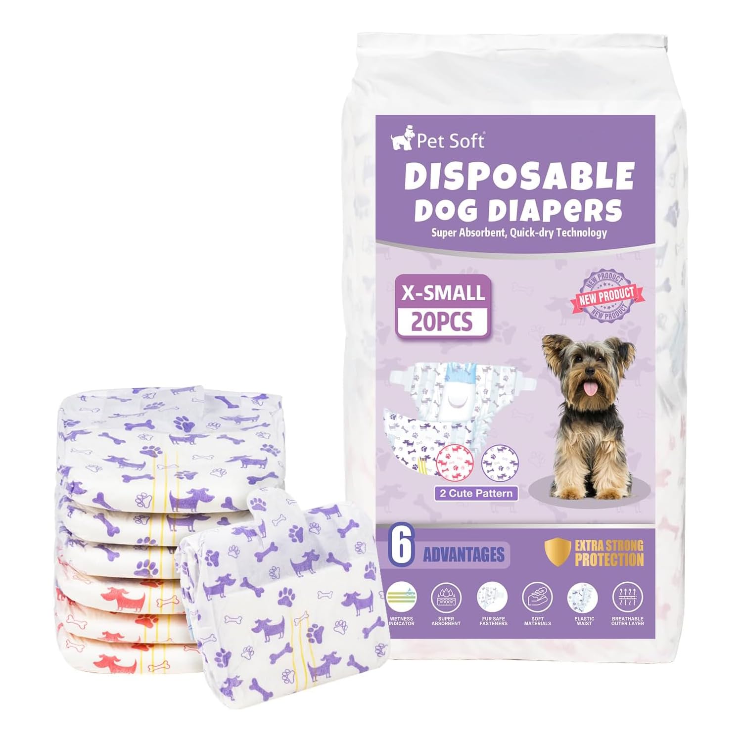 Pet Soft Female Dog Diapers - Disposable Doggie Diapers with Wetness Indicator, Puppy & Cat Diaper Super Absorbent, Fit for Female Dog in Heat or