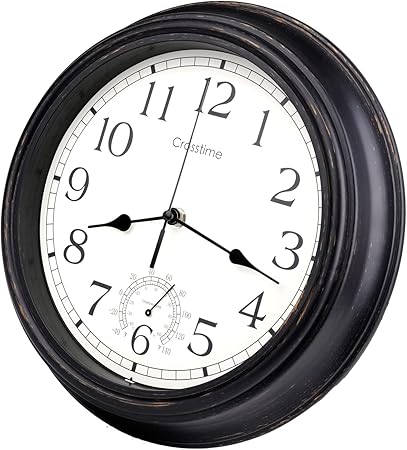12 Inch Retro Indoor Outdoor Clocks Waterproof with Thermometer Easy to Read Silent Quality Quartz Vintage Bathroom Clock Battery Operated for Patio,Home,Garden Decor (Bronze)