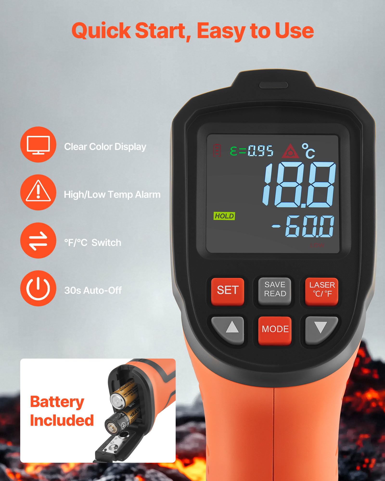 VEVOR Termometro a Infrarossi da -30°C a 1200 °C, Pistola Termica IR Senza Contatto con Doppio Modalità, Termometro Visivo Senza Contatto con Display, Termocoppia Tipo K, Doppio Laser, Uso Industriale