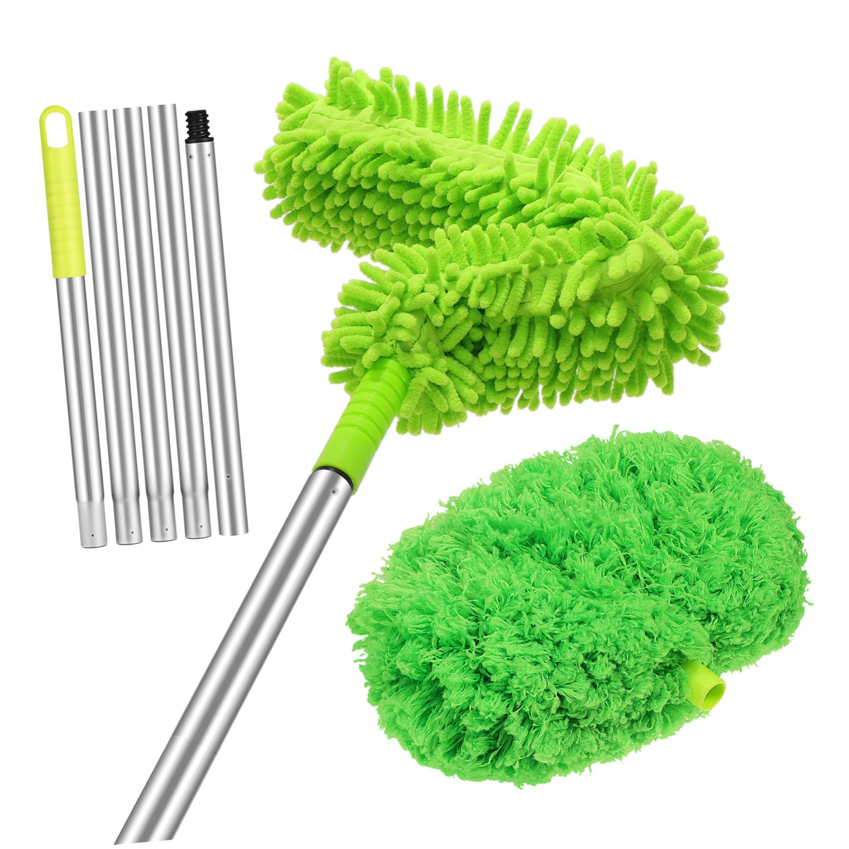 Plumero Extensible para Ventilador de Techo, Mango Largo de Aluminio | Cabezal Desmontable, Limpieza de Alta Eficiencia, 1 Juego Verde para Muebles y Ventanas