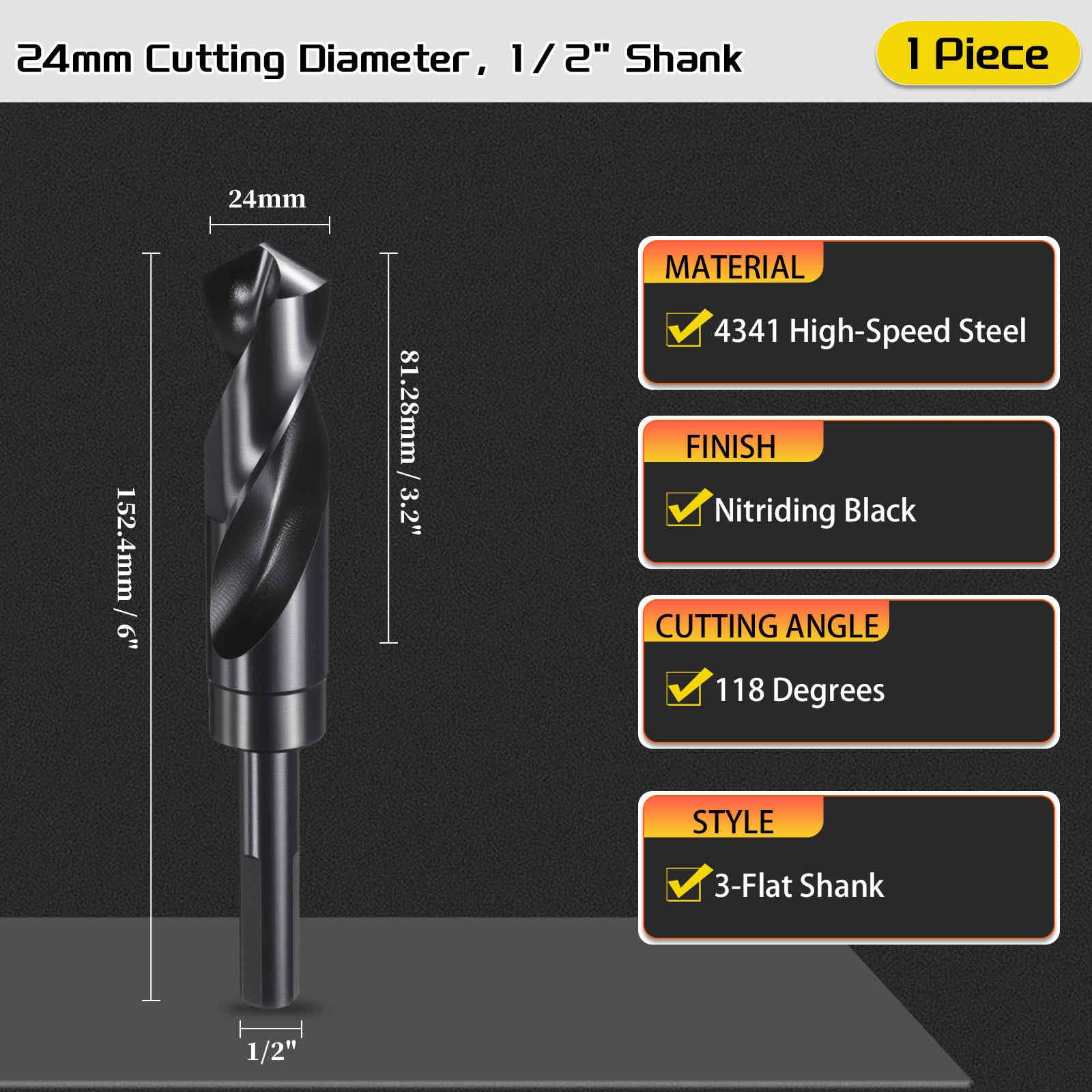 CoCud Drill Bit, 24mm Cutting Diameter, 1/2" Reduced Shank 3-Flat 4341 HSS Nitriding Black 118° Cutting Angle Bits - Image 2