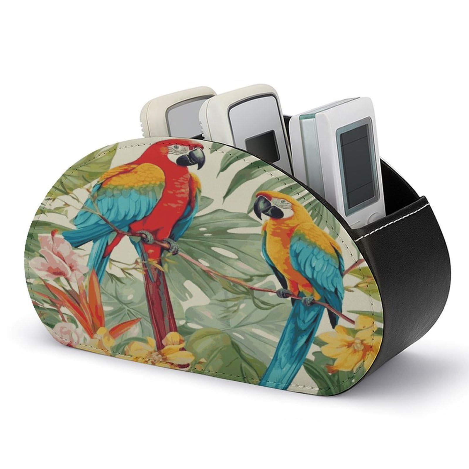 FekiLoot Tropical Plants And Parrots Remote Control Holder, PU Leather Remote Control Organizer Box Stationery Remote Control Box Desk Storage Organizer for DVDs,Glasses,Pens,Media Players