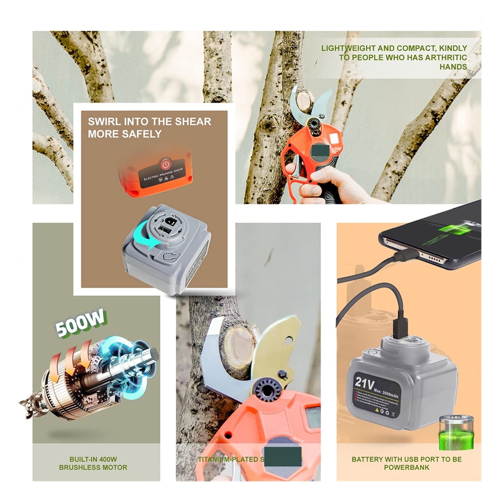 Sekatory Elektryczne 21V Cordless Pruner Shear Fruit Tree Bonsai Pruning elektryczne gałęzie drzew Cutter 1.9m chowany przedłużacz(Shears(No battery))
