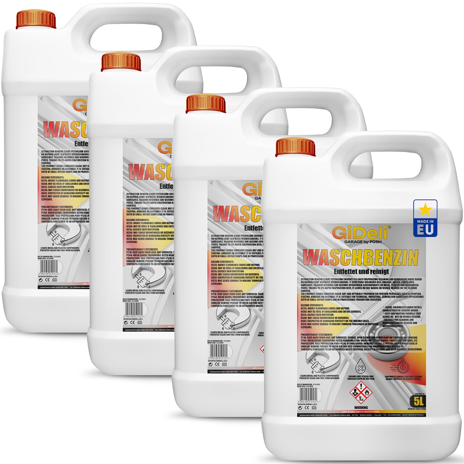 GiDeli Waschbenzin 4X 5L Kanister - Universelles Lösungsmittel & Entfetter - Farben- & Lackverdünner - Werkzeug & Pinselreiniger für Haushalt, Auto & Werkstatt
