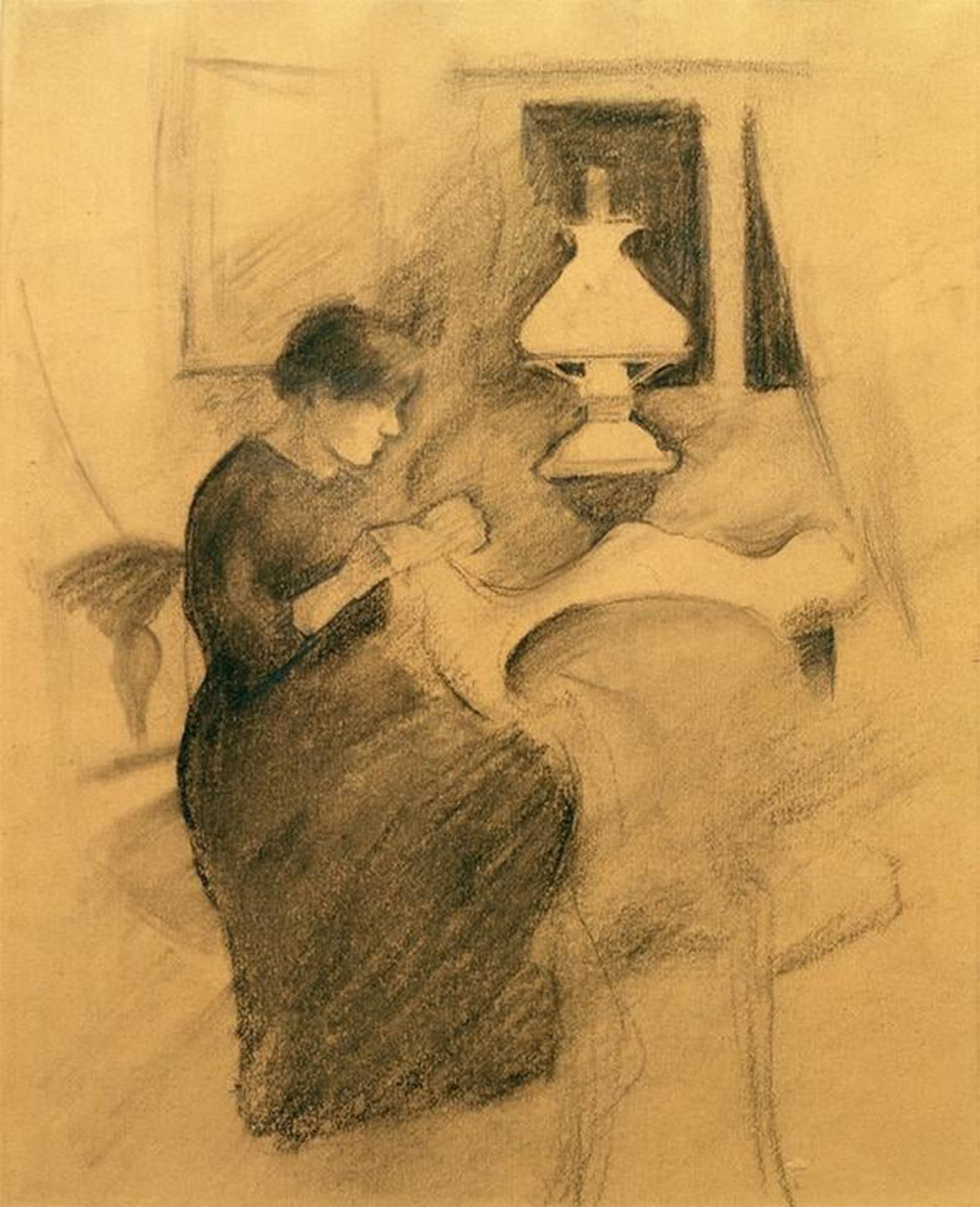 Posteriik Girls No Frame Vintage Art Print Images Pictures Print Sewing By The Lamp By August Macke Modern Colour Posters For Office Home Decor 60X90cm