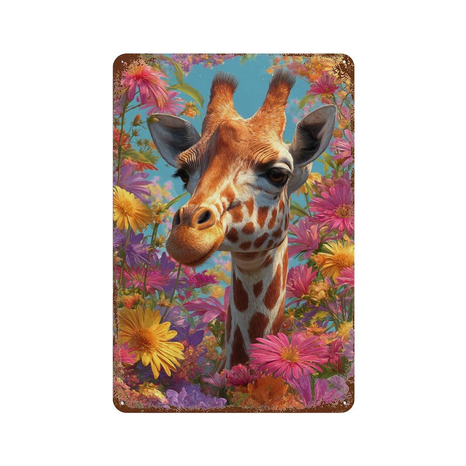 Garage Style Giraffe in Flower Garden-2 Distressed Metal Wall Sign 11.8"x7.9", Shabby Chic Decor for Bar And Workshop