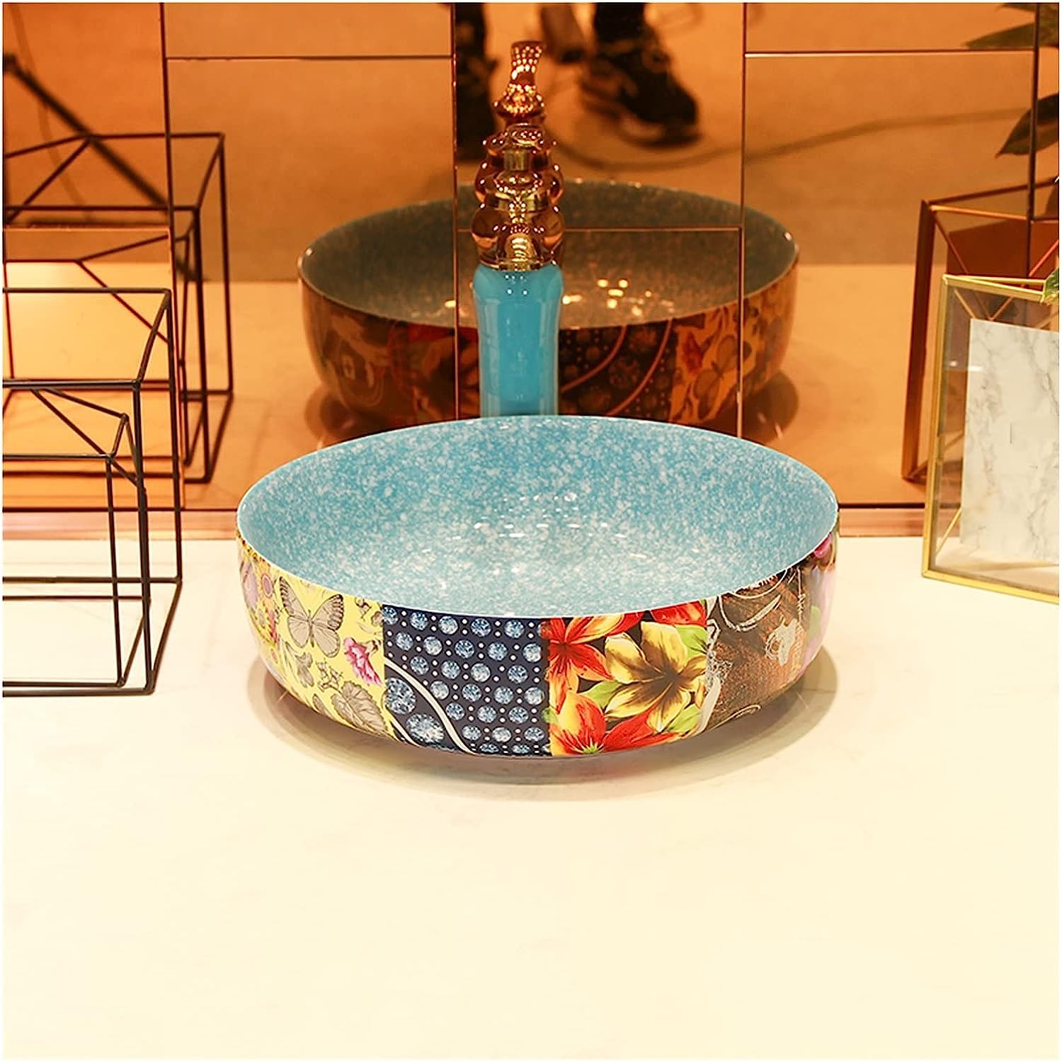 Gljtuo A Small Vessel Sink,Bathroom Above Counter Art Basin With White Faucet And Pop Up Drain,Ceramic Lavatory Vanity Sinks Artistic Bowl,