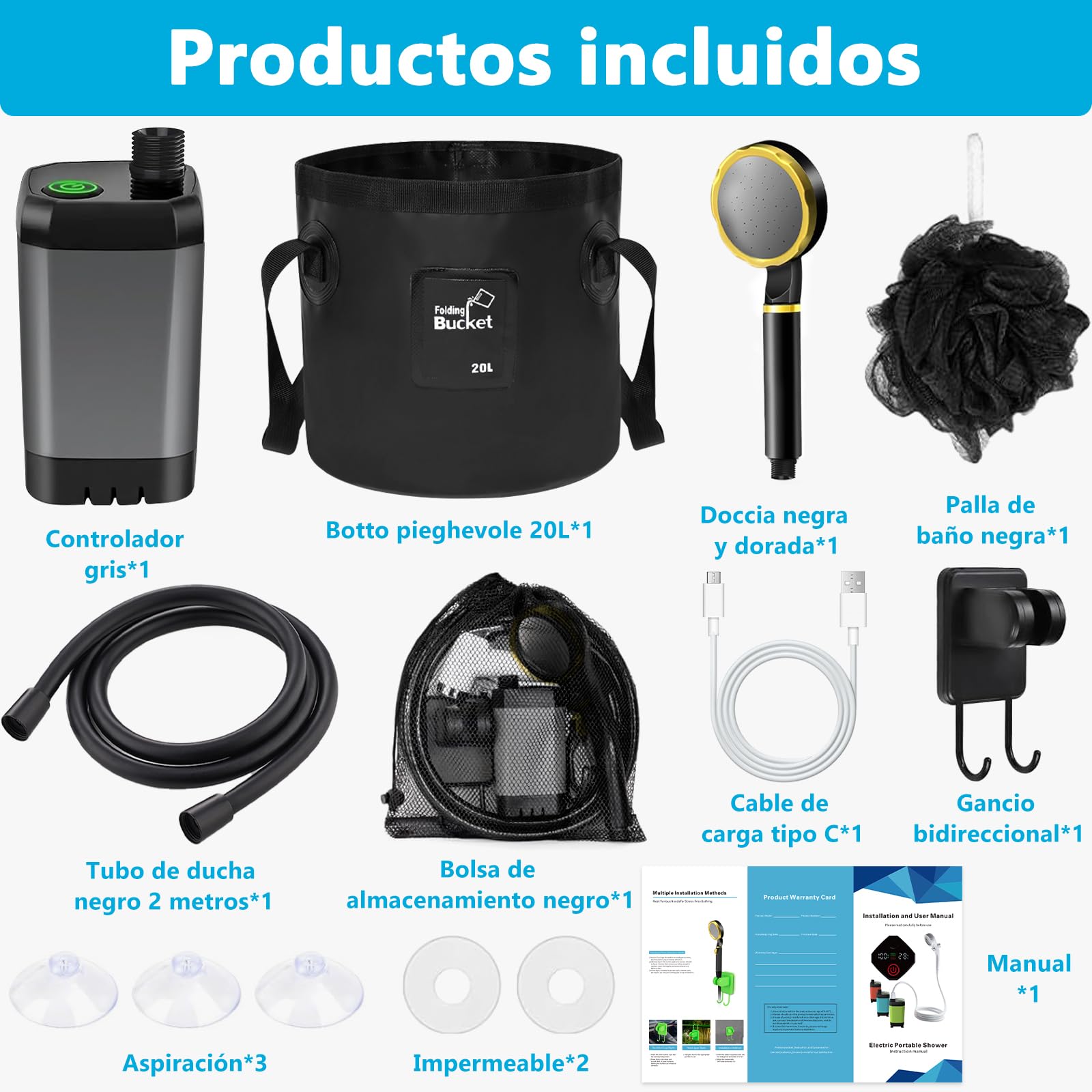 Ducha Portatil Camping,6000mAh Ducha Portatil,IPX7 Impermeable Recargable Ducha,Ducha Móvil Portátil,con Cabeza de Ducha y Manguera de 2 M,Cubo Plegable,para Jardín,Playa,Acampar