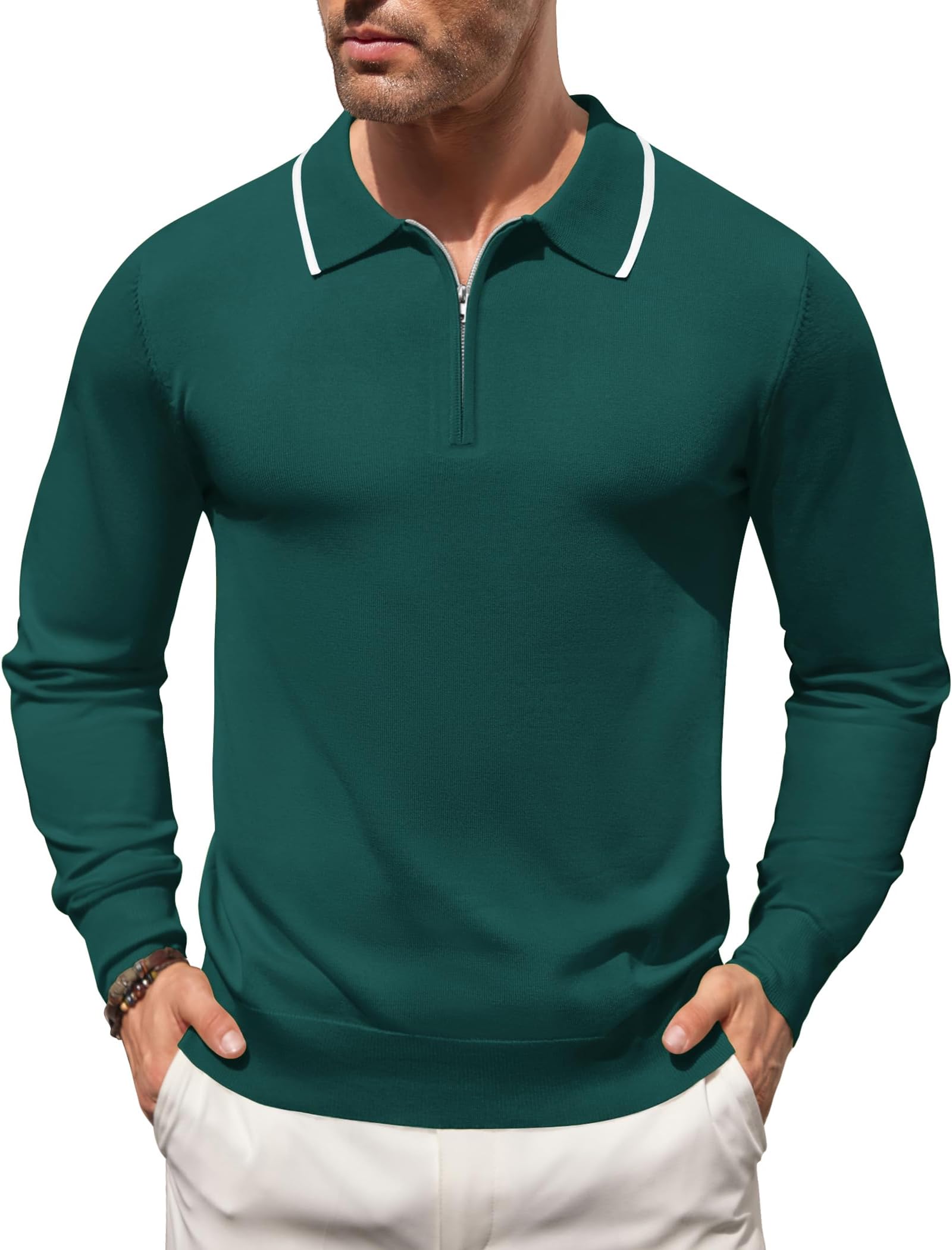 Men's Knit Polo Shirt Long Sleeve Quarter Zip Polo Sweater Casual Golf Shirts Vintage Striped Collar Polo