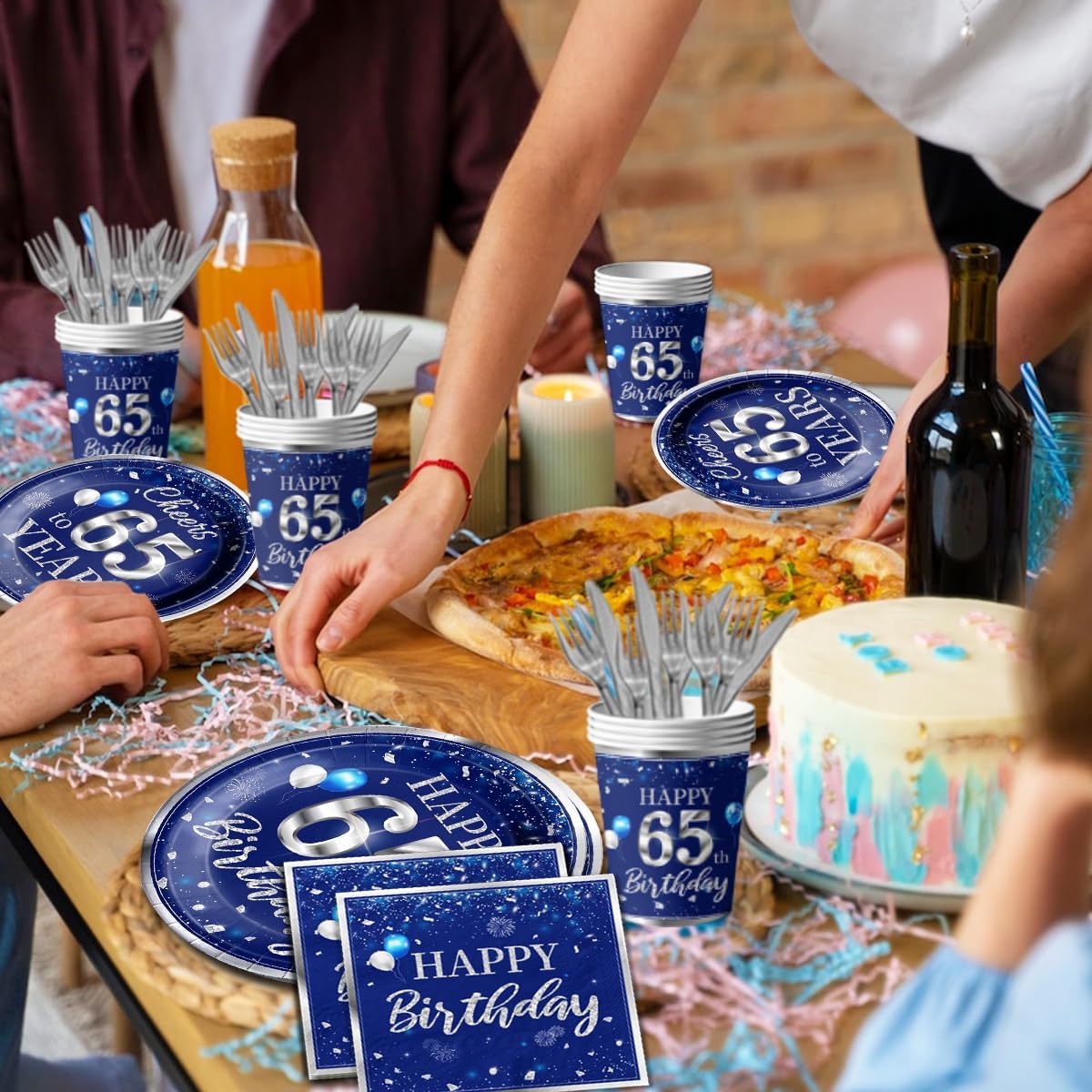 142 Pcs 65th Birthday Tableware Set Decorations Sliver and Blue 65th Happy Birthday Party Supplies for Men Women Birthday Tablecloth,Plates, Napkins, Cups,Forks and Knives