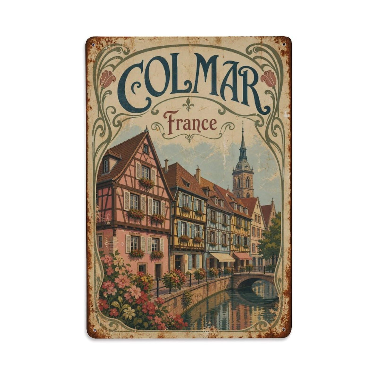 Gead 8X12inch Style Vintage Travel Colmar France Village Metal Tin Sign