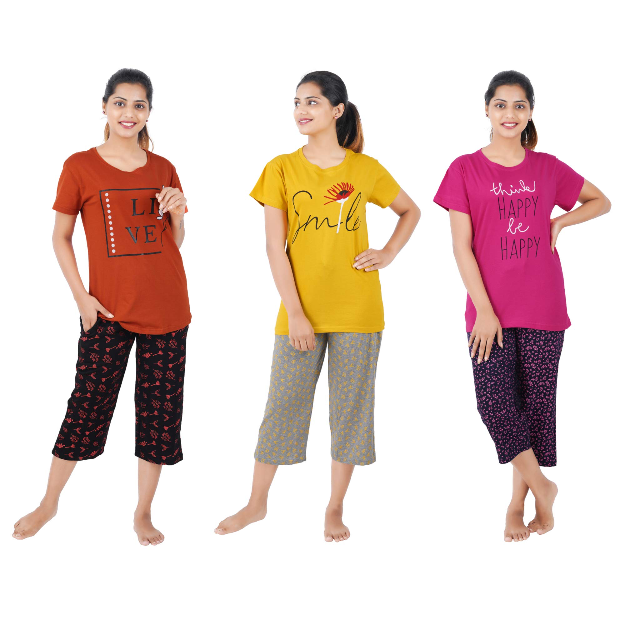 Buy That TrendzWomen's Cotton Printed Top & All Over Print Capri Pyjama Set/Pajama Night Suit Set/Sleep wear Set/Loungewear Set Cool Cat Smile Yellow Love Maroon Combo Pack