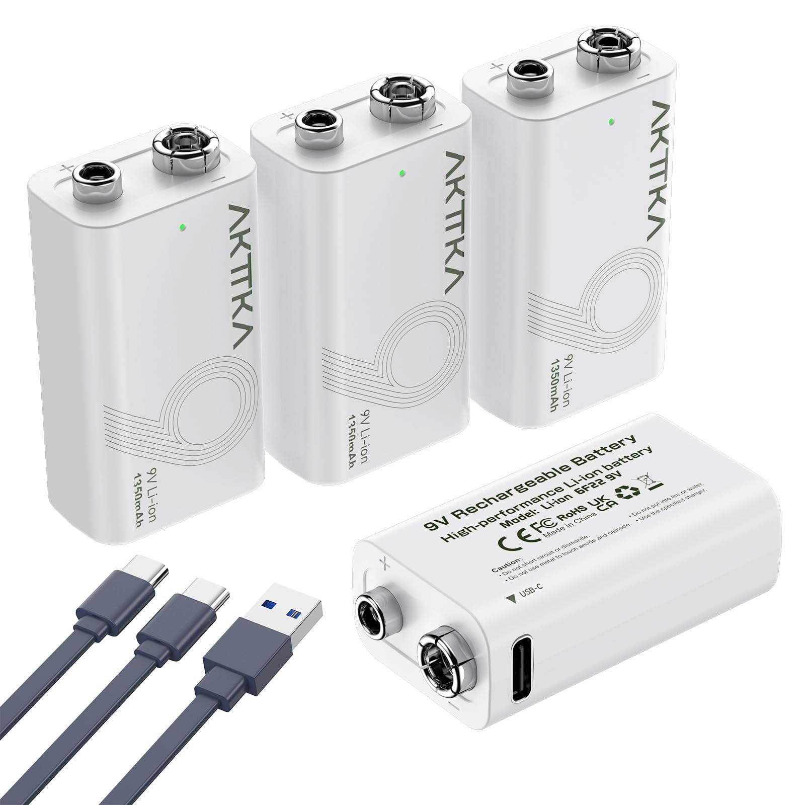 Lot de 4 Piles Rechargeables au Lithium 9V (1350mAh), avec Câble de Charge de Type C, Particulièrement Adaptées Aux Multimètres Portables, Aux Détecteurs de Métaux et Aux Testeurs de Ligne