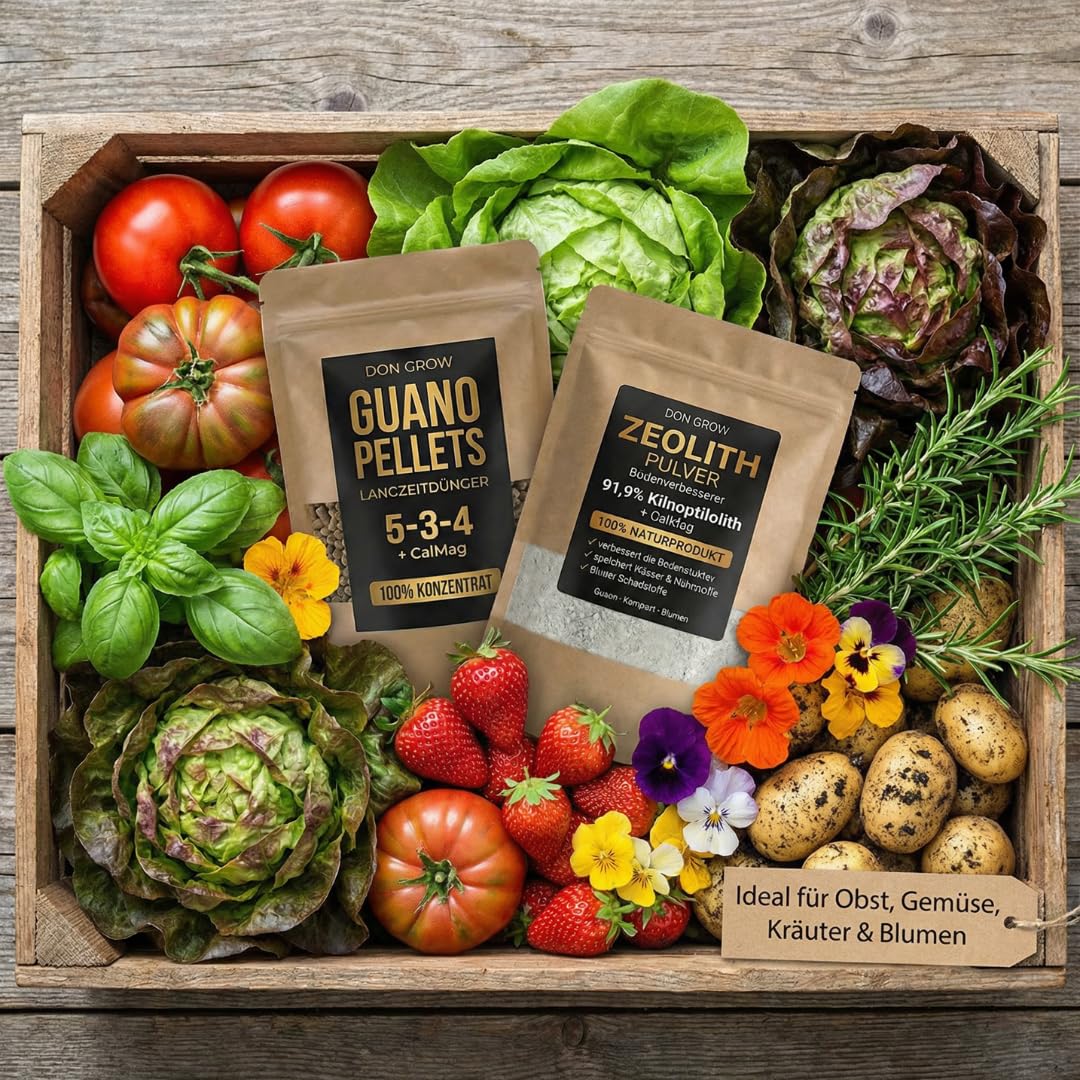 Langzeitdünger für Garten & Hochbeet – Guano Pellets + Zeolith Pulver als Bodenaktivator, Bodenverbesserer und Nährstoffspeicher – 7,5 Kg – Don Grow