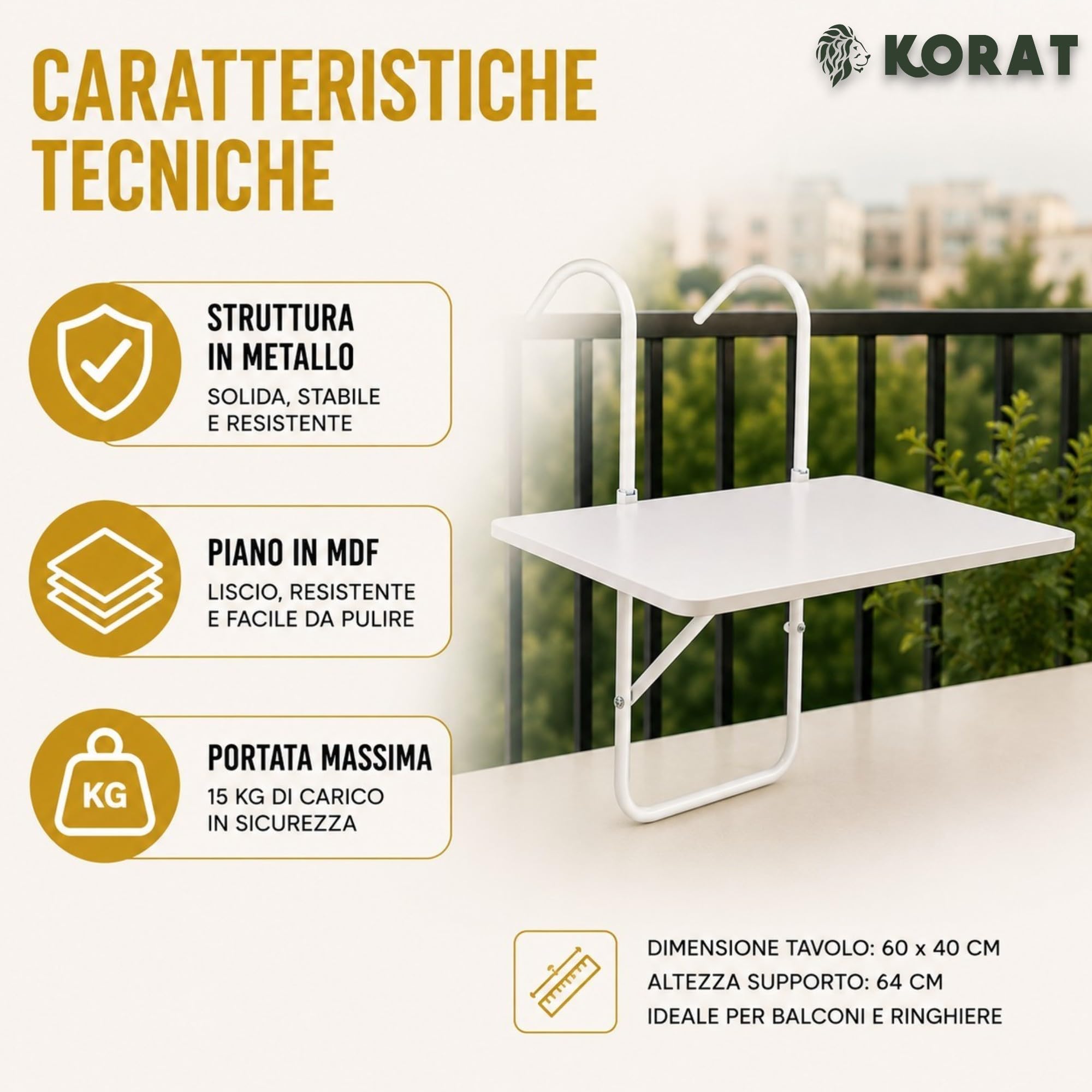 KORAT - Tavolo da Balcone Sospeso 60x40 cm, Tavolino Pieghevole da Ringhiera con Ganci Regolabili fino a 15 cm, Portata 15 kg, Tavolo Salvaspazio per Balcone, Terrazzo e Giardino