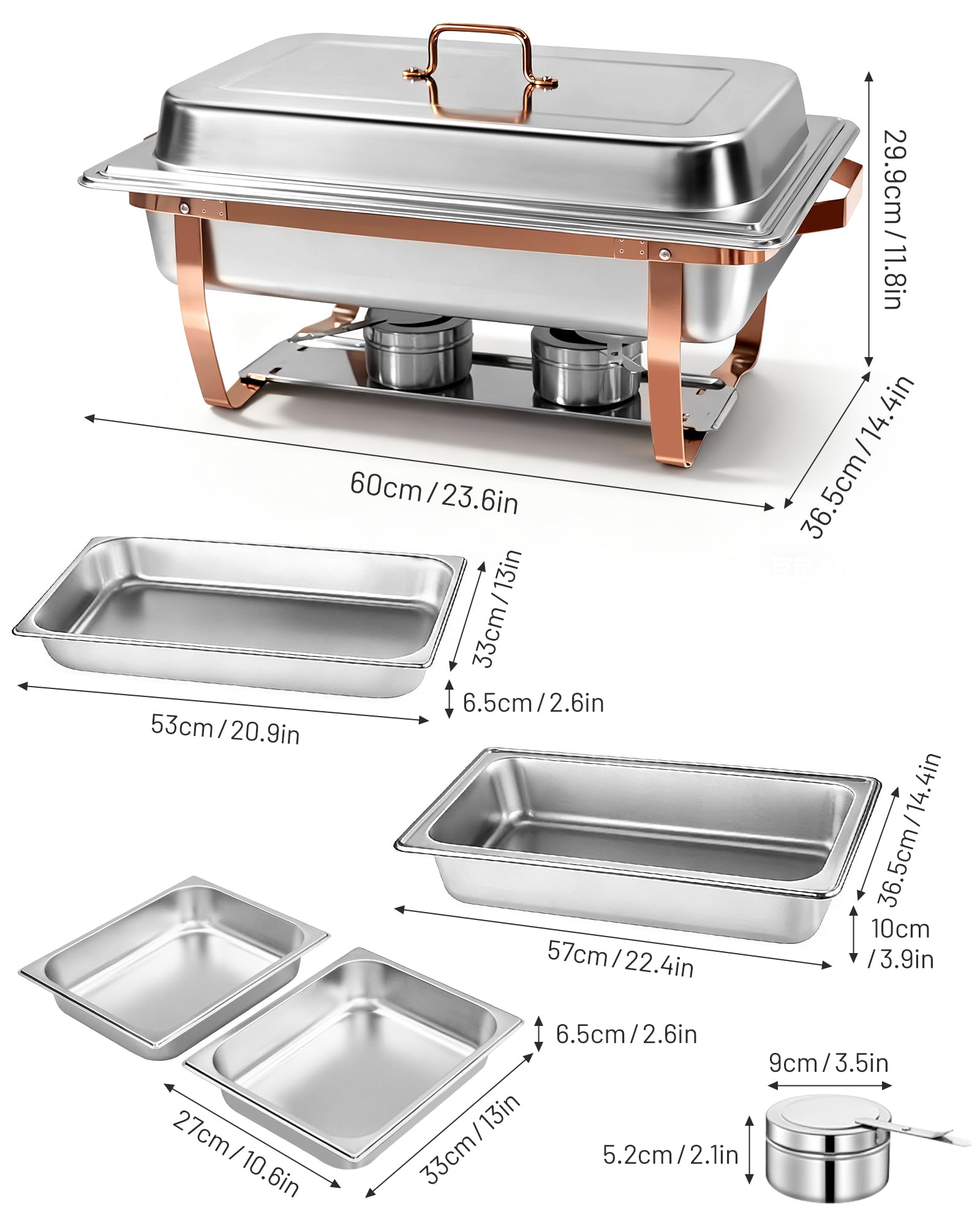 Chafing Dishes Buffet 2pcs, 9L, Scalda Vivande Portatile Rettangolare con Coperchio a Scomparsa [2 Vaschette Intere 4 Mezze Vaschette] Scaldavivande per Feste, Compleanni, Festività, Eventi in Chiesa