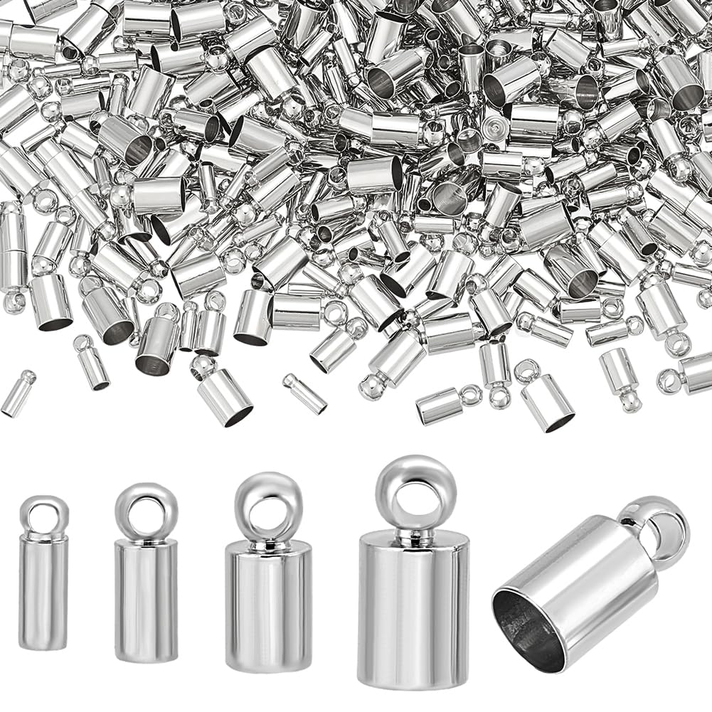 PH PandaHall 4 Sizes Cord Ends Caps 160pcs Platinum Plated Crimps Cord End Column Tassel Caps Cord Link Buckle Leather Cord End for Jewelry Making DIY Craft Necklace Bracelet Earring 6/7/8/9mm