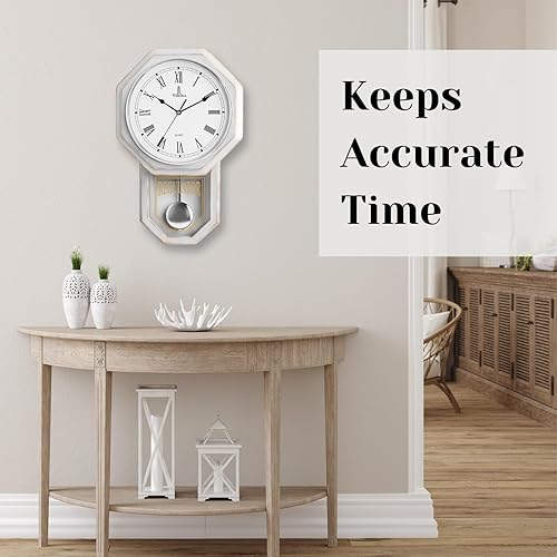Miniatura 2 de Reloj de pared con péndulo blanco, reloj de pared rústico de madera rústica, funciona con pilas, reloj de péndulo de madera, relojes de pared