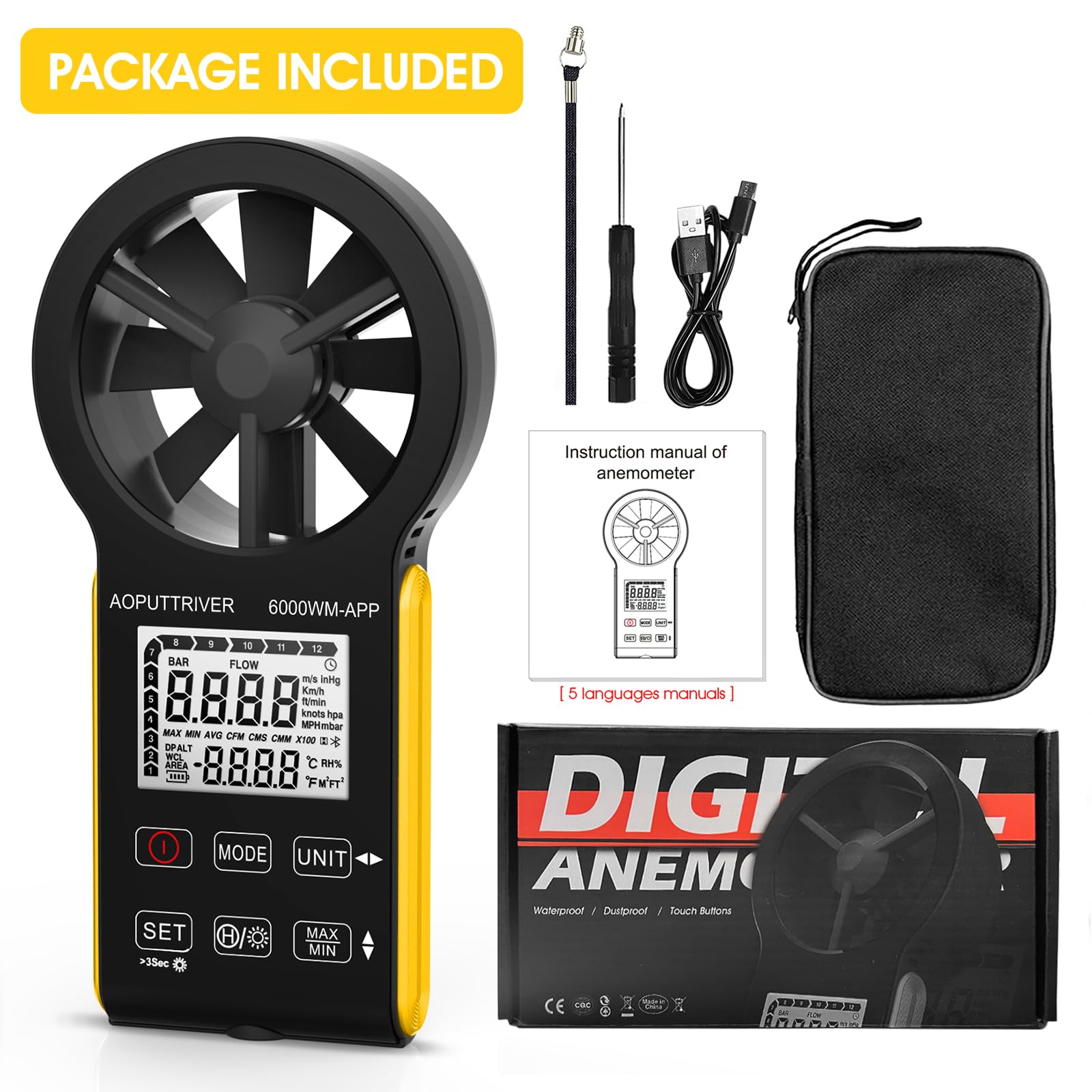 Handheld Windmesser mit APP Anemometer, CFM Anemometer mit Temperatur (°C/°F), 5 Einheiten, Windgeschwindigkeits-, Luftvolumen- und Temperaturmessung für HVAC, Schifffahrt-AP-6000WM-APP