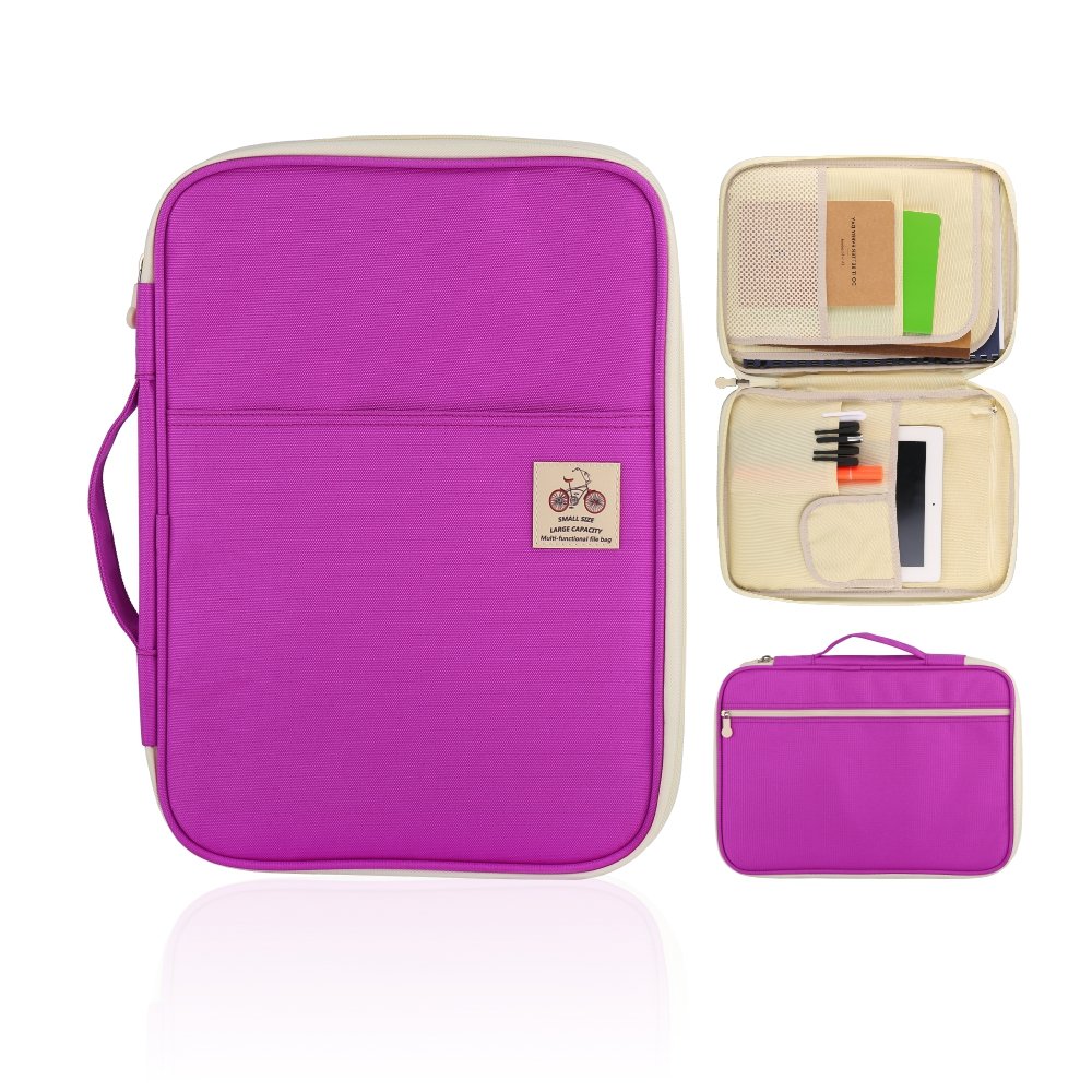 YOUSHARES A4 Documents Bag Portfolio Organizer Holder - Multifunctional Travel Pouch Handy Zippered Case for Notebook, Ipad, Documents and Pens (Purple)