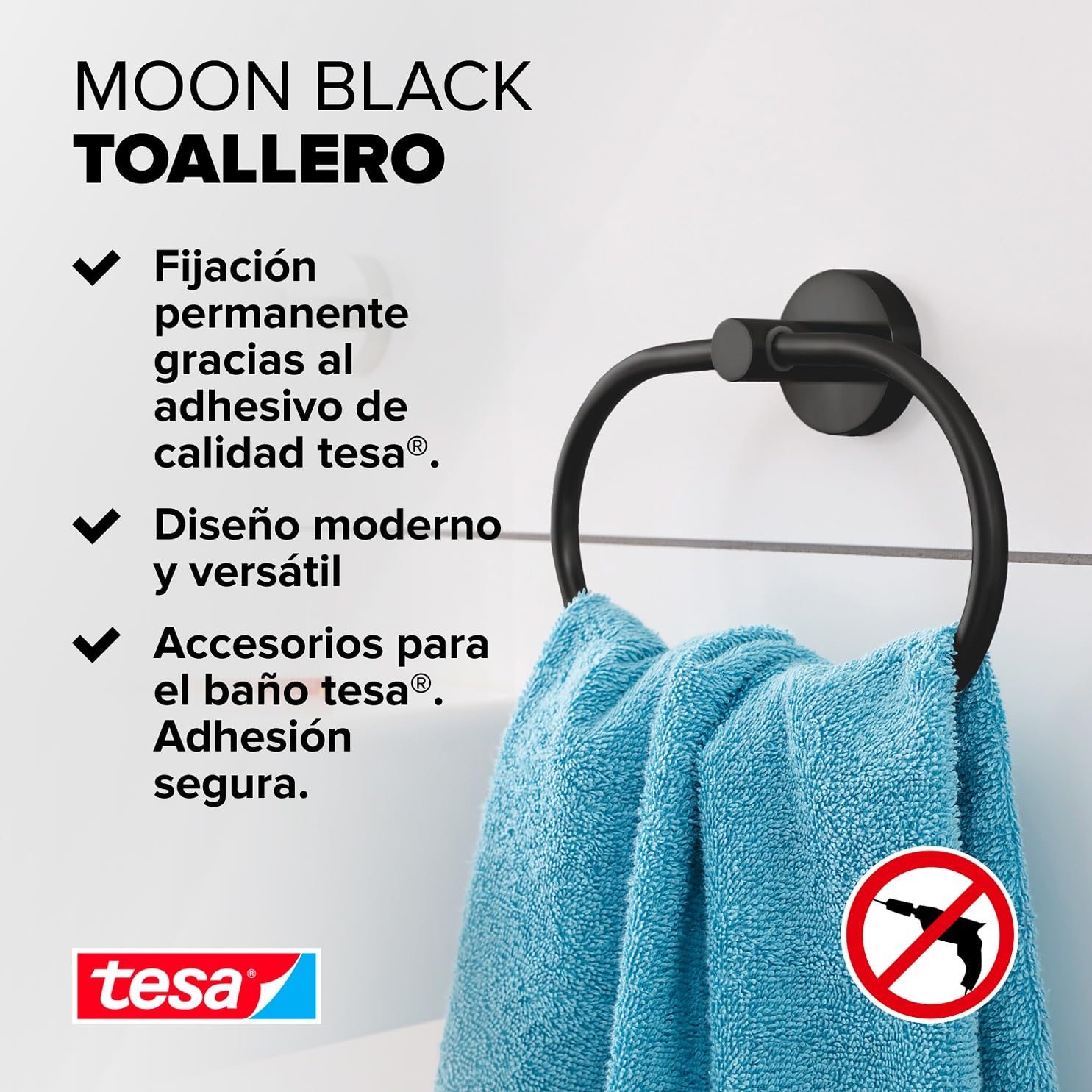 tesa Anilla de Toallas Moon Black, Negro Mate, autoadhesiva, tecnología de Montaje Adhesiva, 53 mm x 184 mm x 130 mm