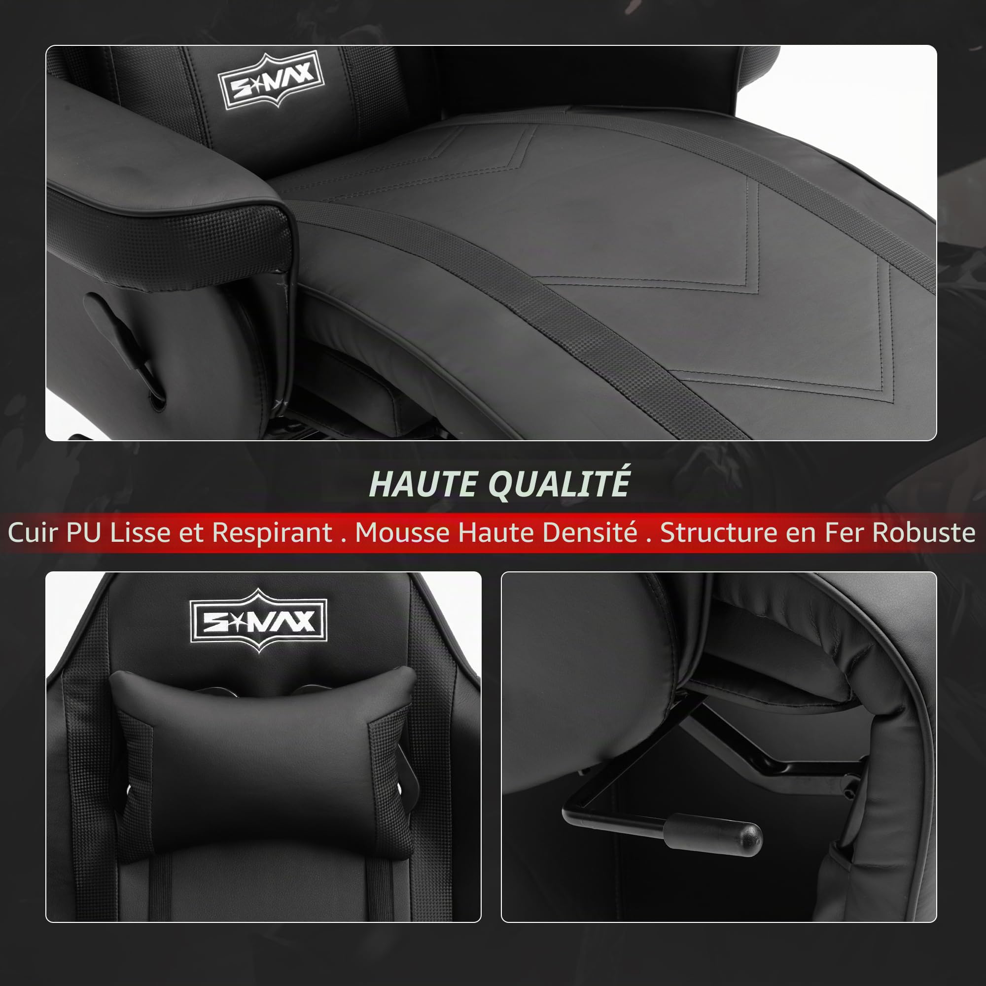 S*MAX Chaise Gaming Hauteur réglable avec Dossier Plus Haut et Support Lombaire Plus Large Chaise Gamer en Cuir PU avec Dossier et Repose-Pieds réglables Porte-gobelet Fauteuil Gaming Noir X Large