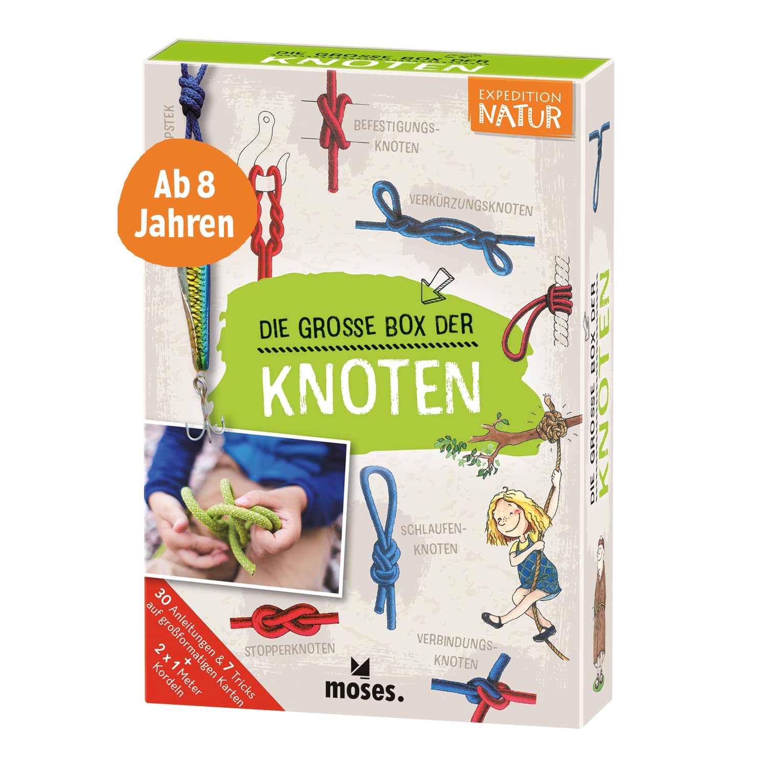 moses. Expedition Natur: Die Große Box der Knoten, Knoten lernen für Kinder, 30 Knotenübungen für kleine Pfadfinder ab 6 Jahren, 2 x 1 Meter Kordeln inklusive