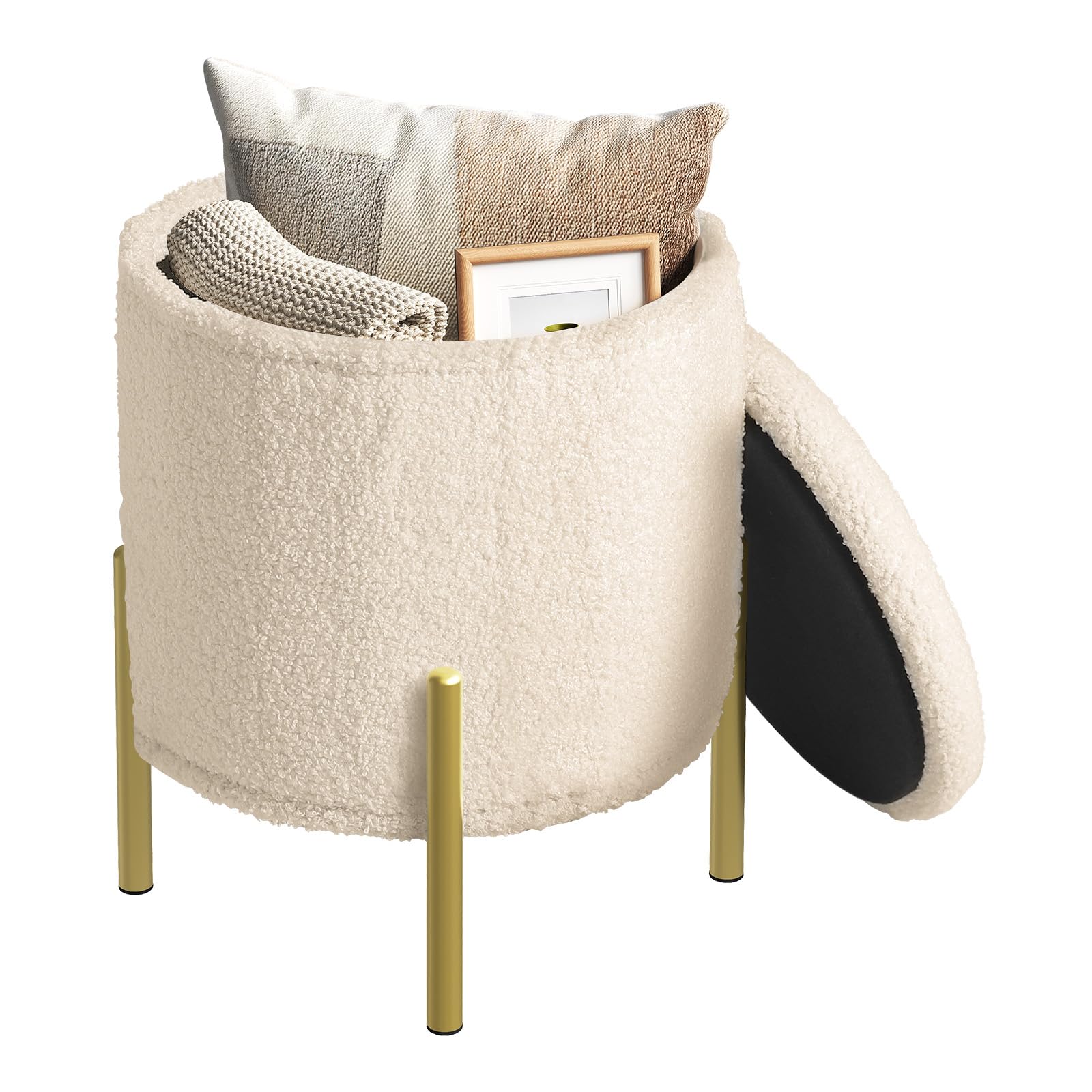 WOLTU Puff Almacenaje, Taburete Plegable, Reposapies de Sofá, Taburete Redondo para Salón y Dormitorio, Baúl de Patas de Metal, Tela Polar Teddy, MDF, φ35x41 cm, Beige | Beige redondo para salón, dormitorio o pasillo con tapa y patas de metal