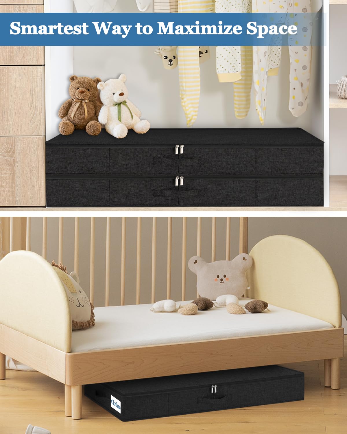 Cirhy Set di 2 scatole portaoggetti sotto il letto, altezza 11,4 cm, colore: nero