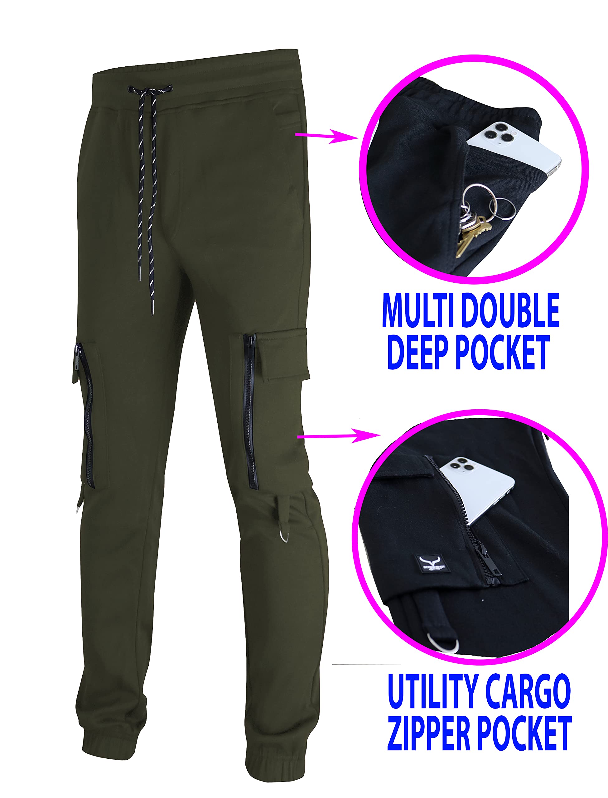 Screenshot SPORTS-A4058 Mens Premium Double Sided Interlock Fleece Utility Cargo Pants - Athletic Jogger Workout Gym Zipper Pockets Sweatpants-Olive-Large