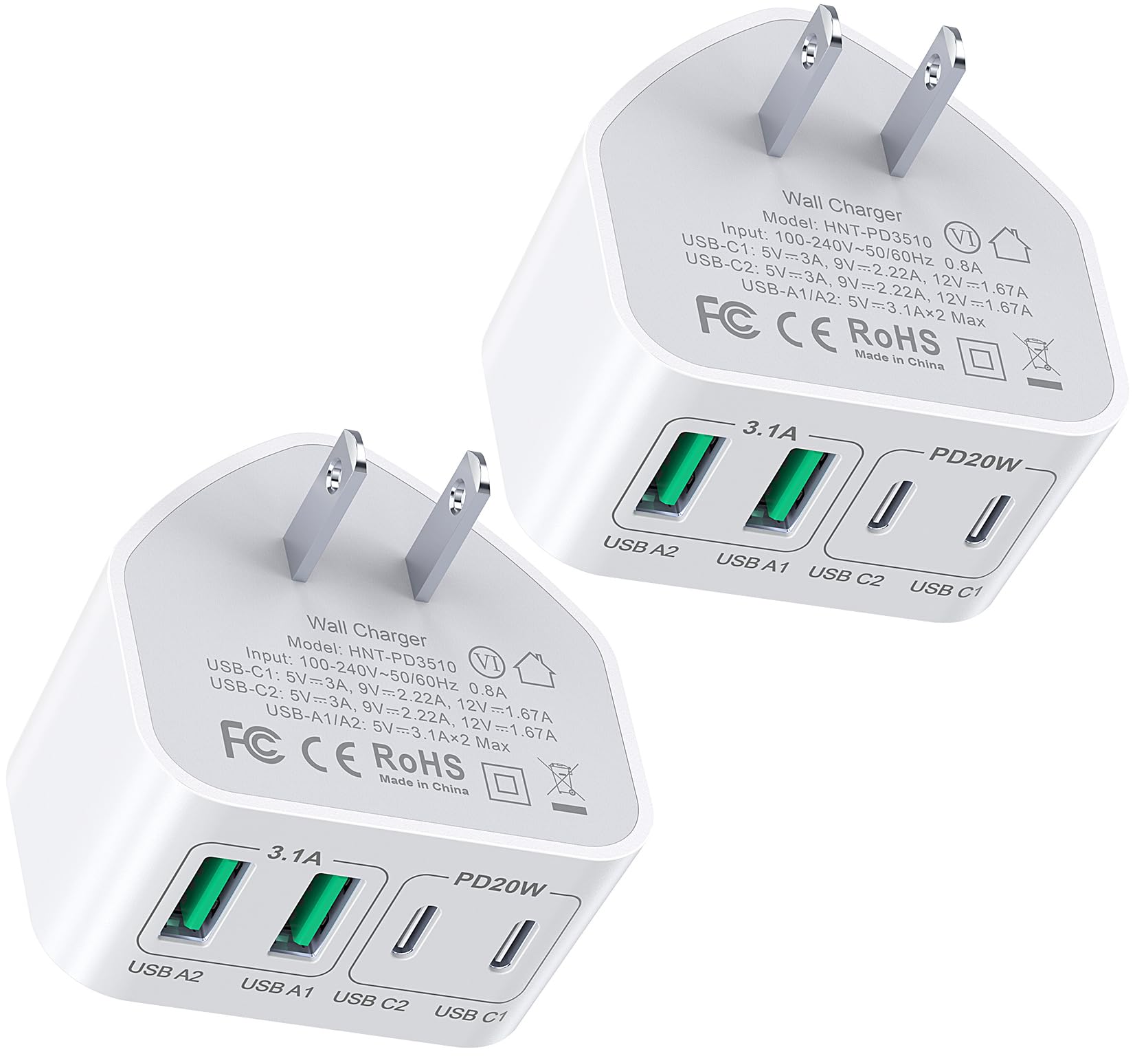 [2-Pack] USB C Charger Block, 40W 4 Port PD + QC USB C Wall Charger Plug Power Adaptor Multiport Type C Fast Charging Block Cube Brick for Apple iPhone 15 14 13 12 11 Pro Max XR XS, iPad Pro, Samsung