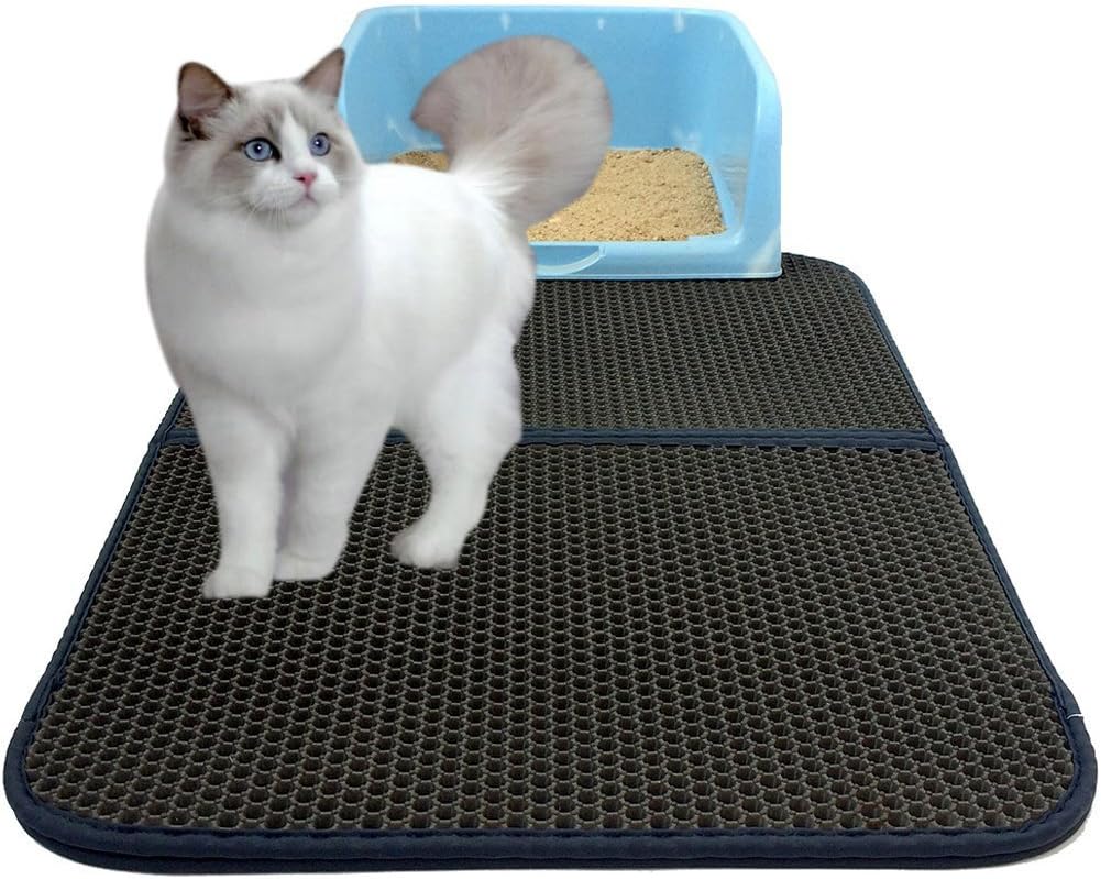 Cat Litter Mat Large, Honeycomb Double Layer Litter Trapping,Leather Edge,Non-Slip Waterproof Base, Easy Cleaning, Soft and Non-Toxic For Cats, Dogs, Super Size Rectangular 29.5" X 21.5" Black