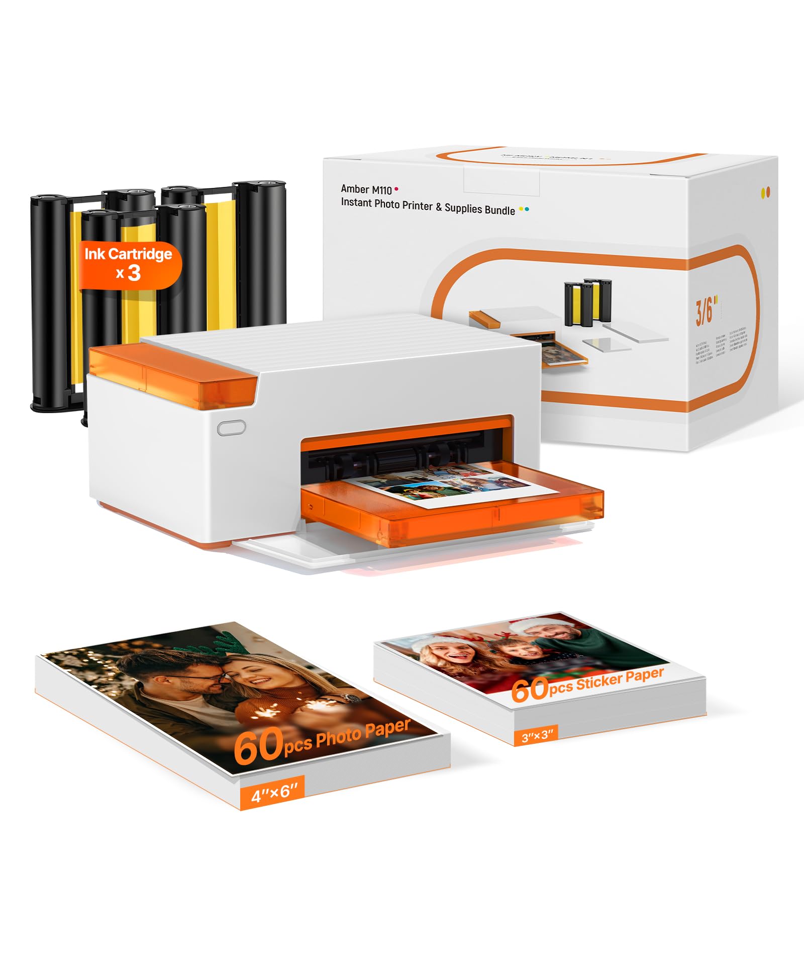 Liene Amber M110 Mini Fotodrucker für Smartphone – inkl. 60 Blatt 10x15 cm Fotopapier + 60 Blatt 7,7 cm selbstklebende Fotos (20+40) + 2 Farbbänder – Thermosublimation, Bluetooth, für iPhone & Android