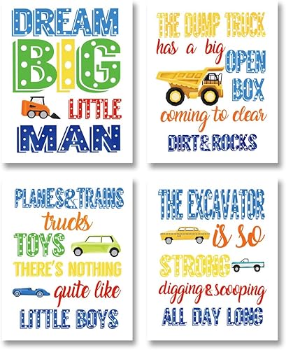 Impresión artística inspiradora con cita de construcción colorida para niños camión tractor coche lienzo para pared 8 x 10 x 4 piezas sin marco